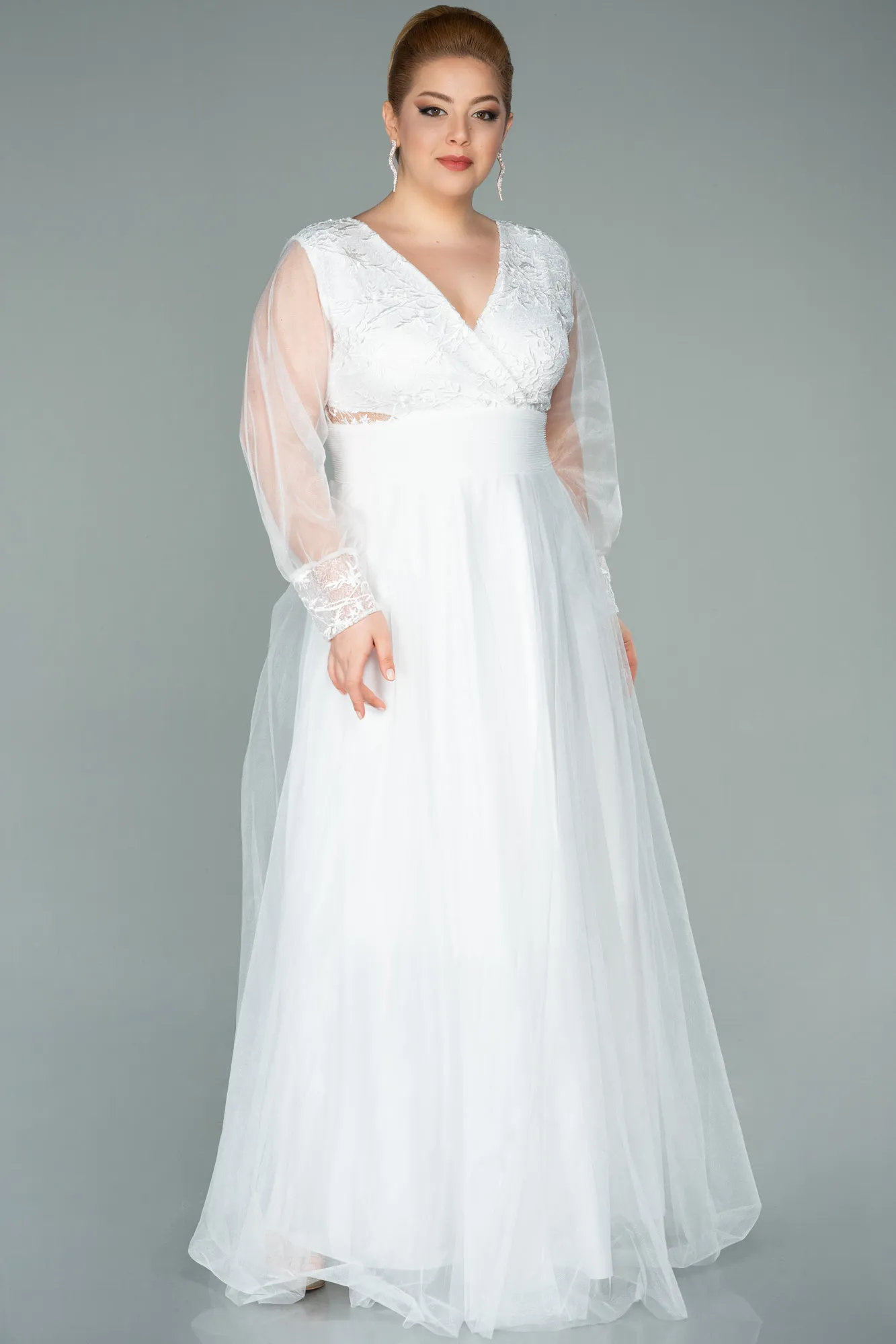 Ecru-Long Plus Size Evening Dress ABU2196