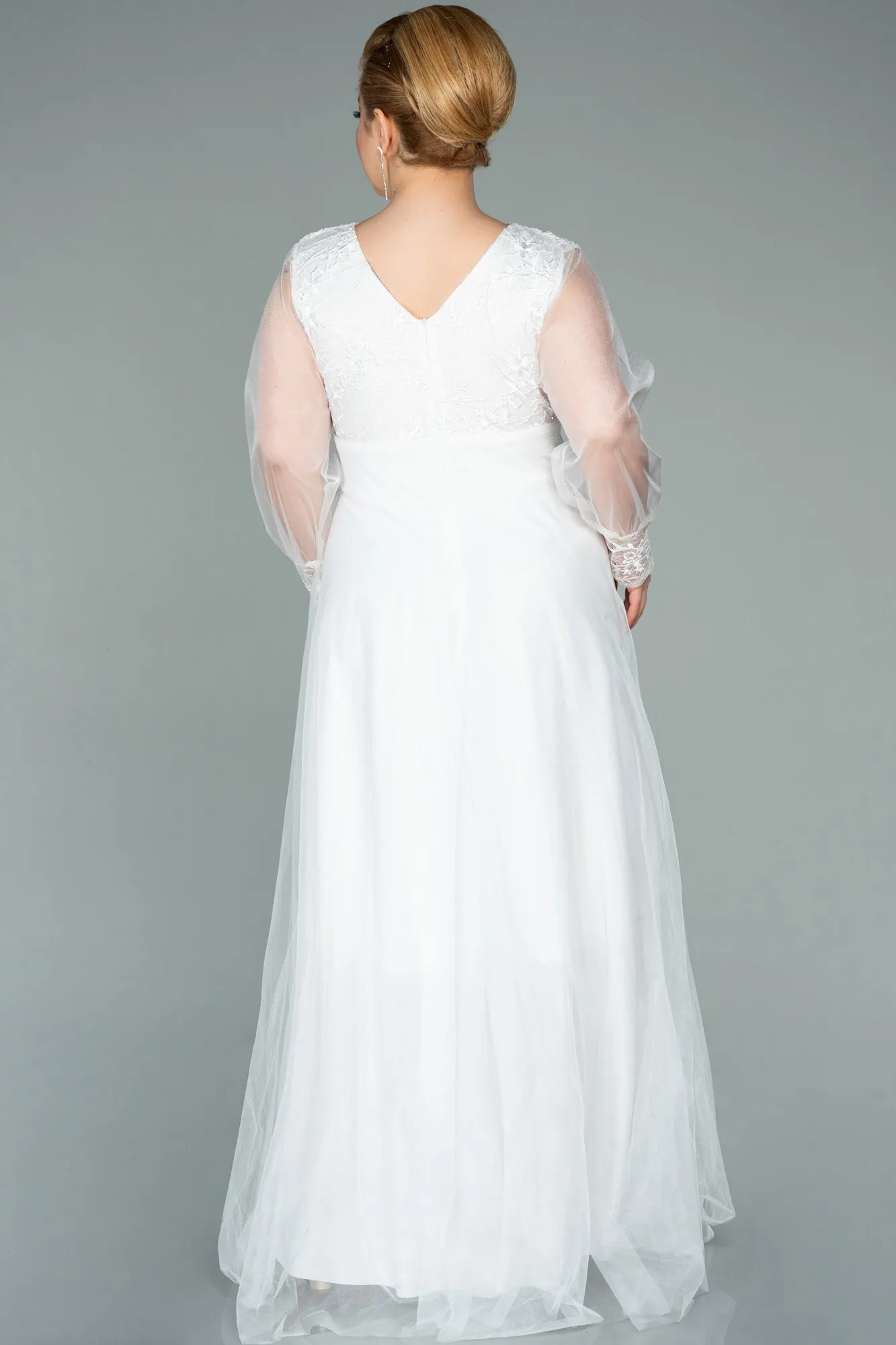 Ecru-Long Plus Size Evening Dress ABU2196