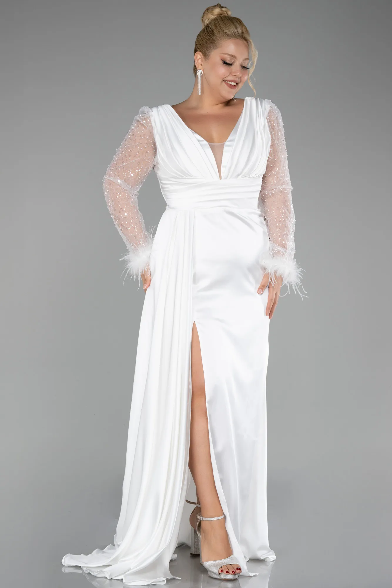 Ecru-Long Plus Size Evening Dress ABU3237