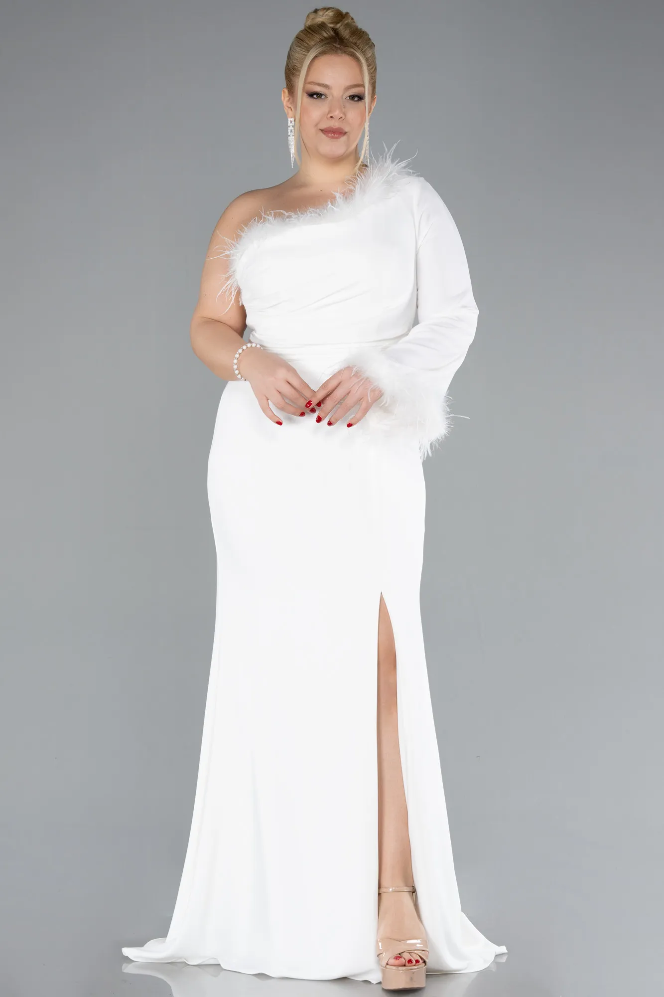 Ecru-Long Plus Size Evening Dress ABU3518