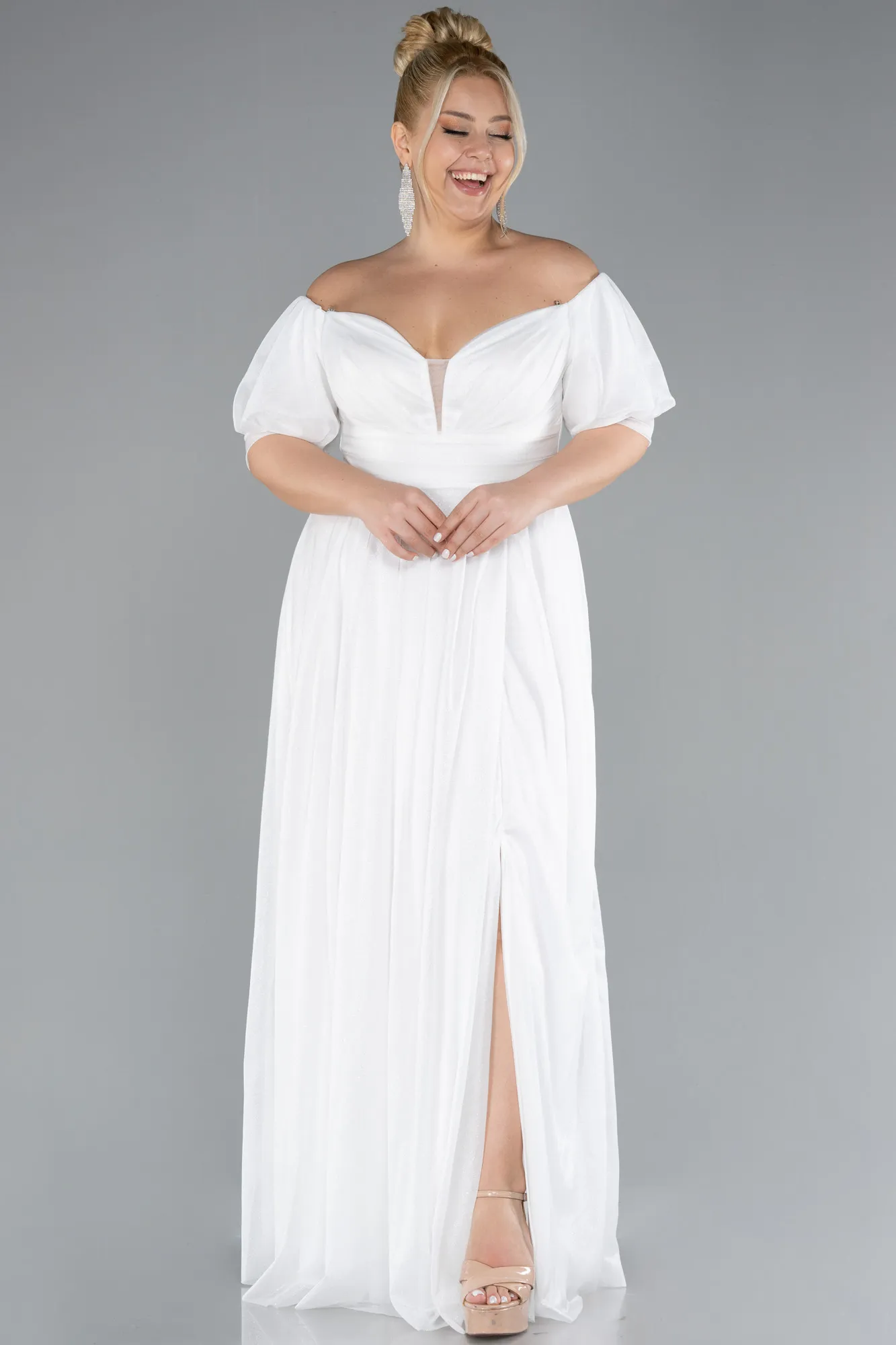 Ecru-Long Plus Size Evening Dress ABU3615