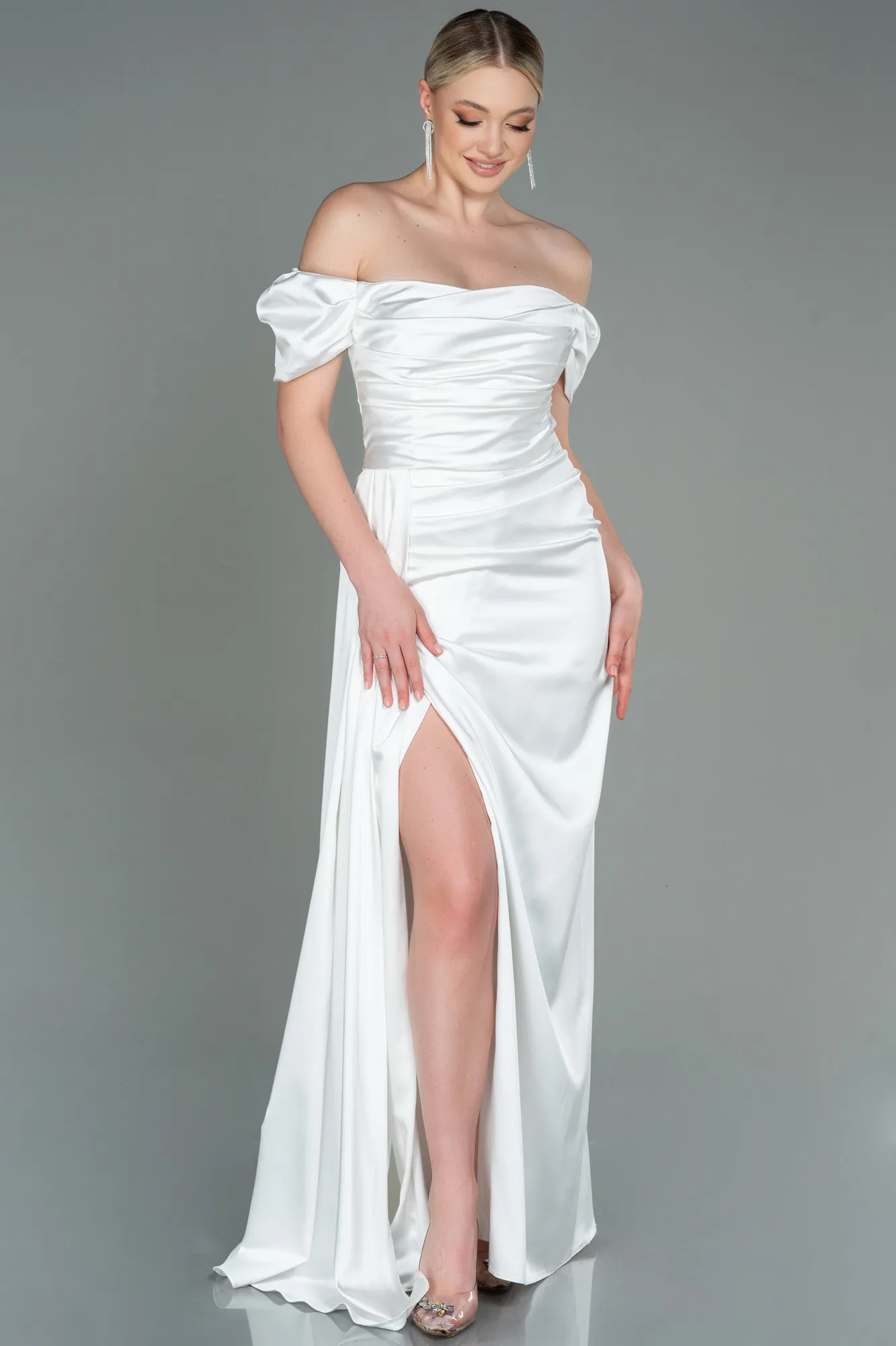 Ecru-Long Satin Engagement Dress ABU1606