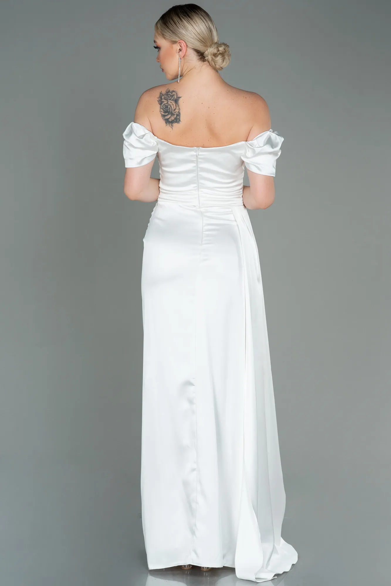 Ecru-Long Satin Engagement Dress ABU1606