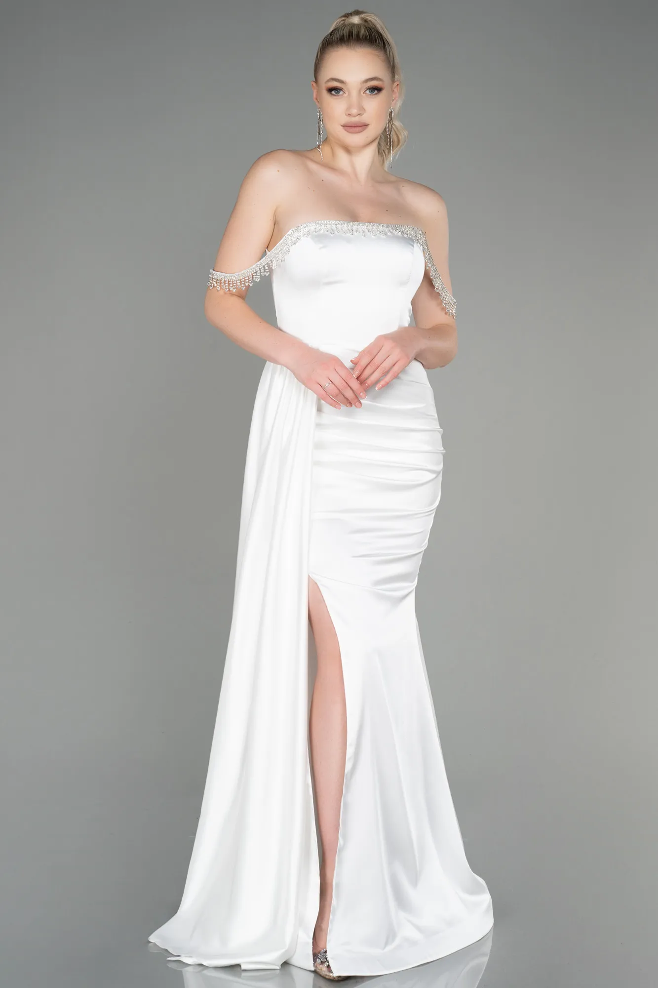 Ecru-Long Satin Evening Dress ABU2618