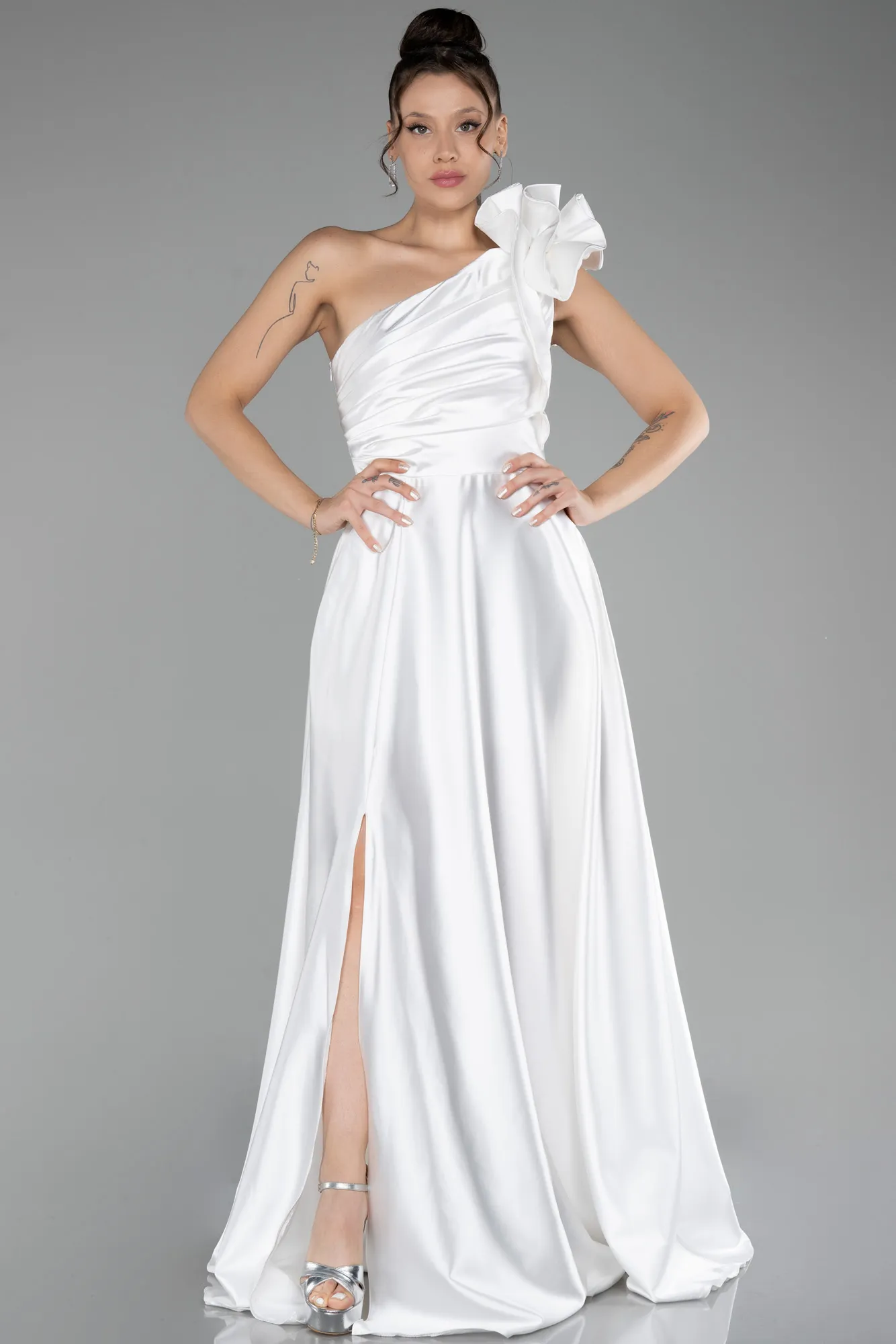 Ecru-Long Satin Evening Dress ABU4189