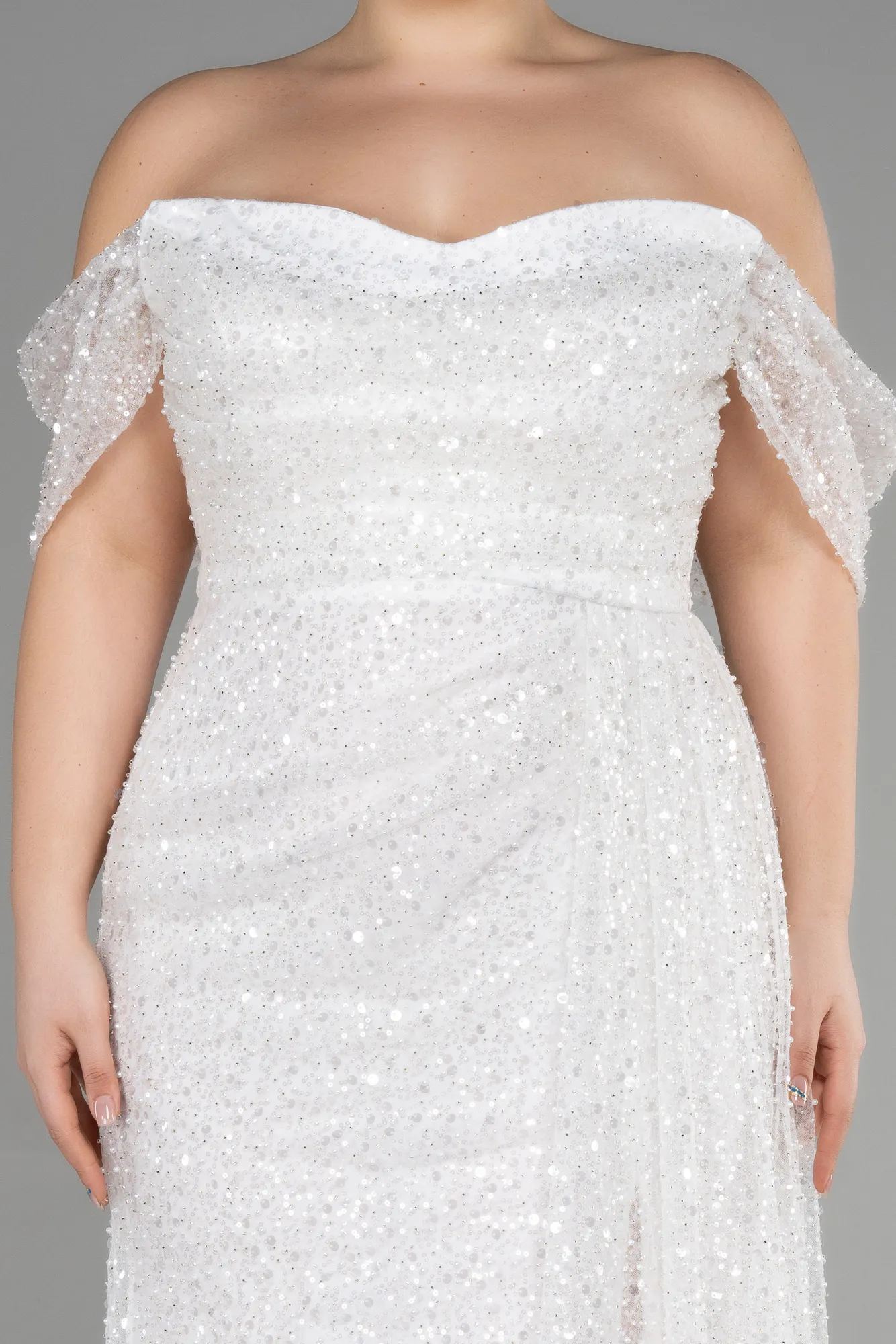 Ecru-Long Scaly Plus Size Engagement Dress ABU3579