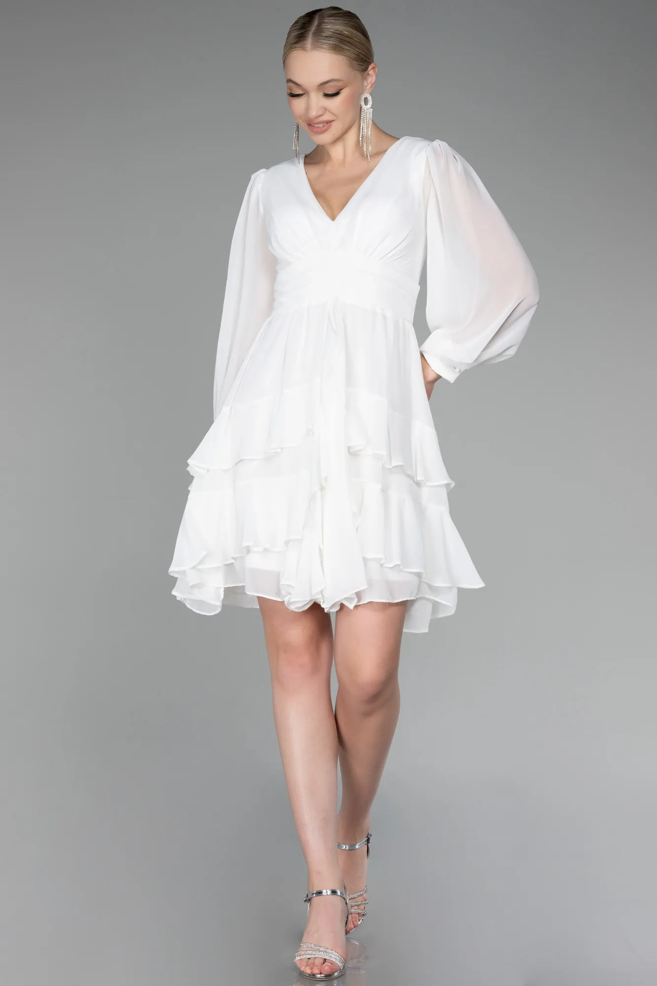 Ecru-Long Sleeve Chiffon Short Cocktail Dress ABK2117