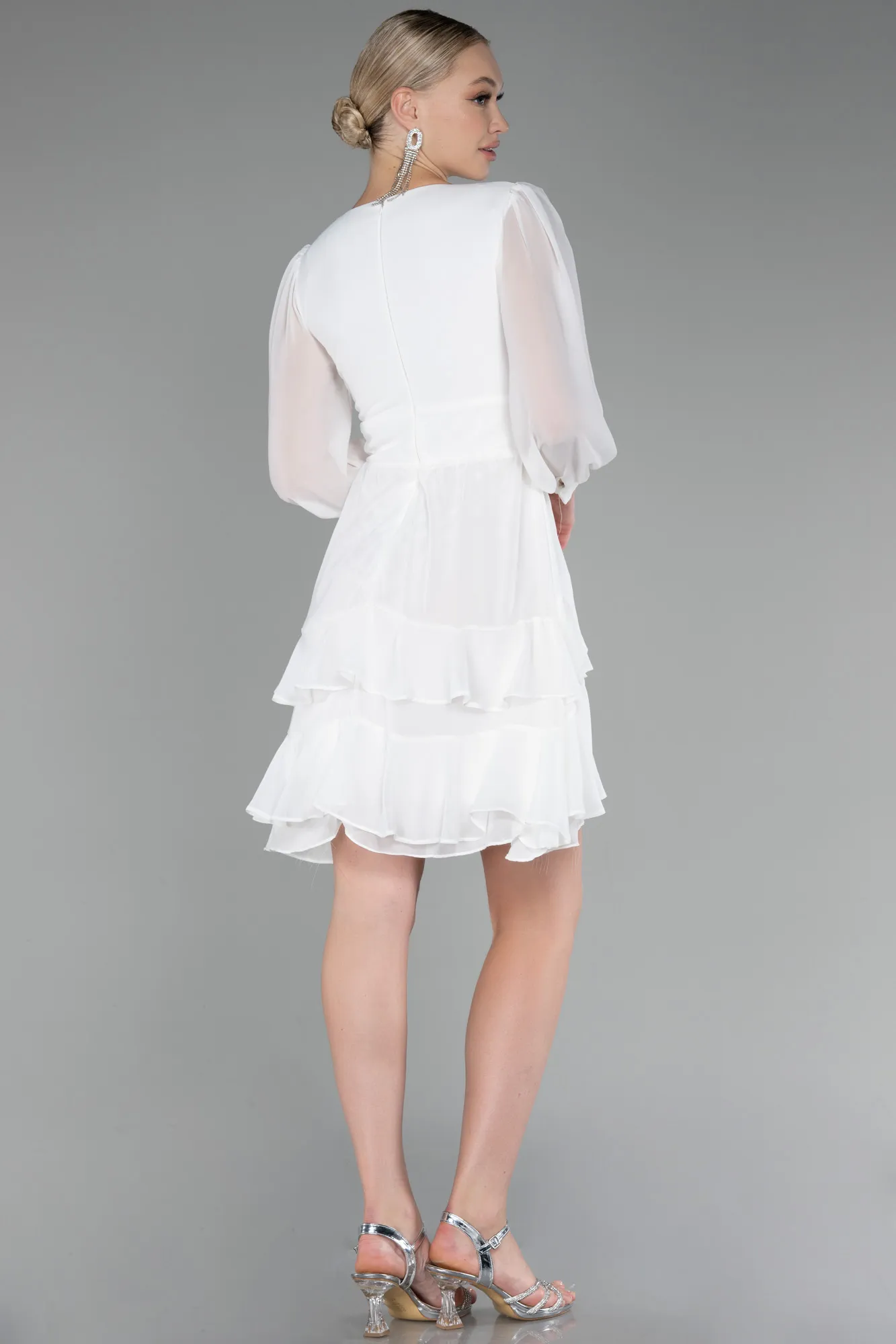 Ecru-Long Sleeve Chiffon Short Cocktail Dress ABK2117