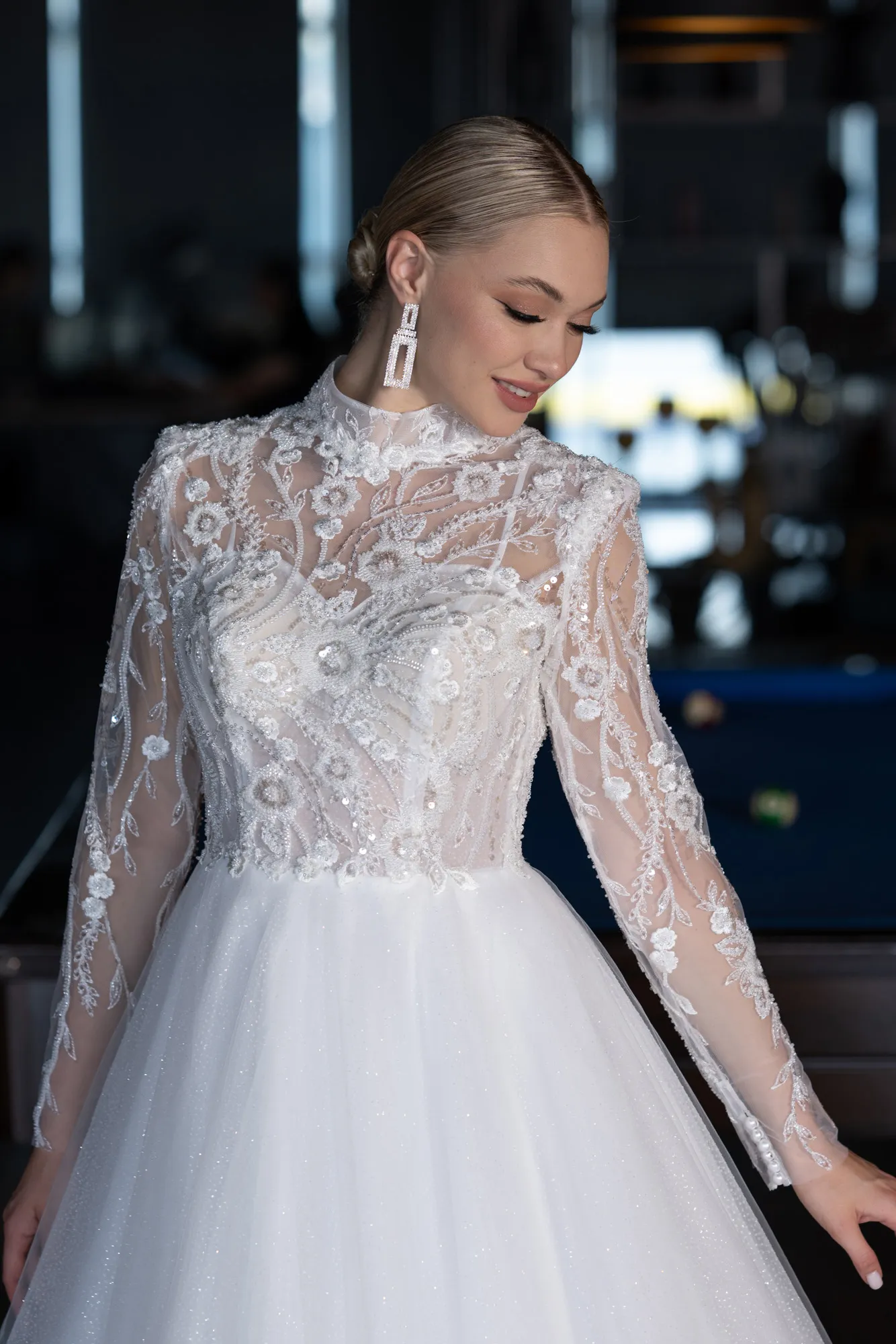 Ecru-Long Sleeve Embroidered Glitter Helen Wedding Dress ABU4107