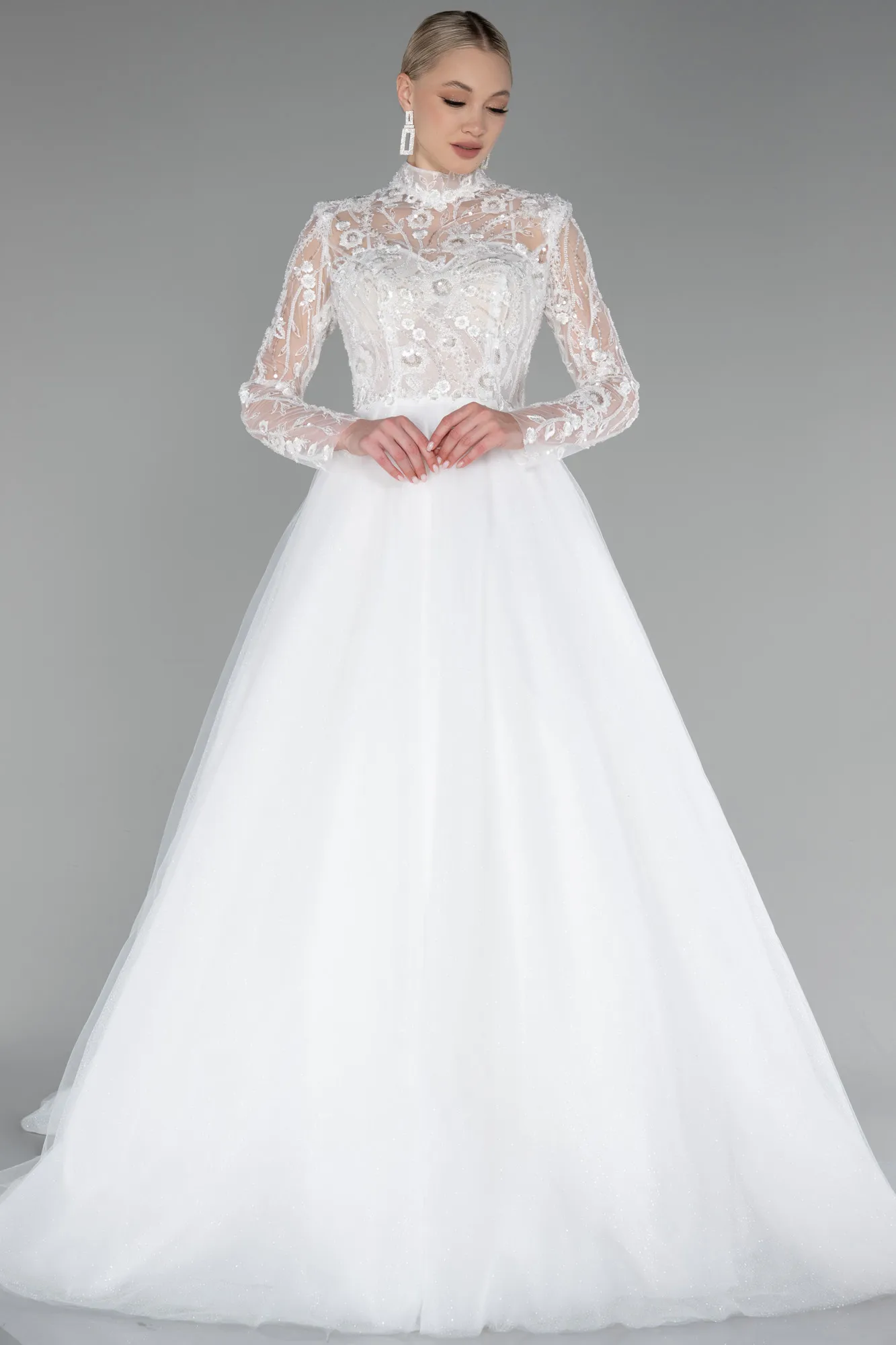 Ecru-Long Sleeve Embroidered Glitter Helen Wedding Dress ABU4107