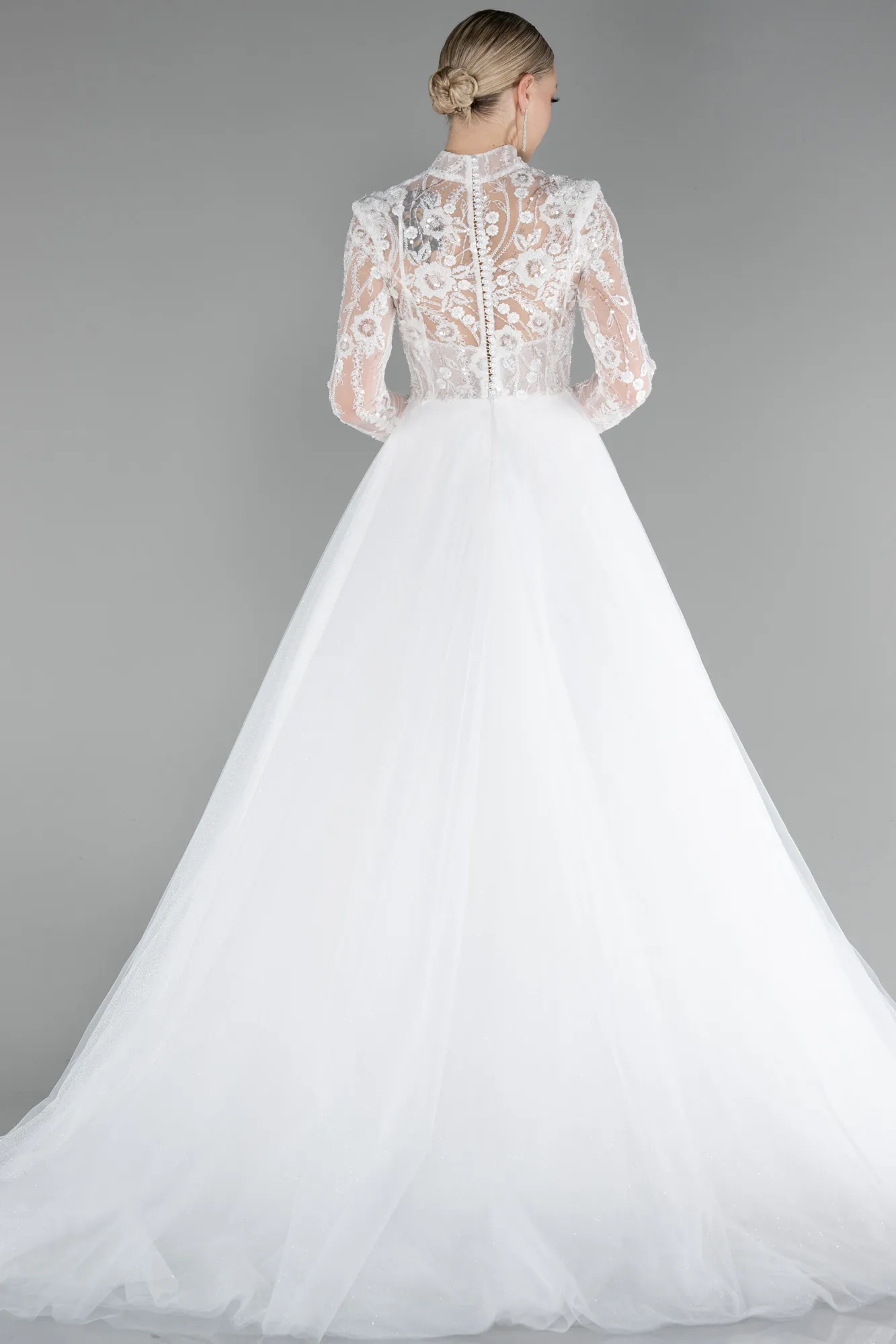 Ecru-Long Sleeve Embroidered Glitter Helen Wedding Dress ABU4107