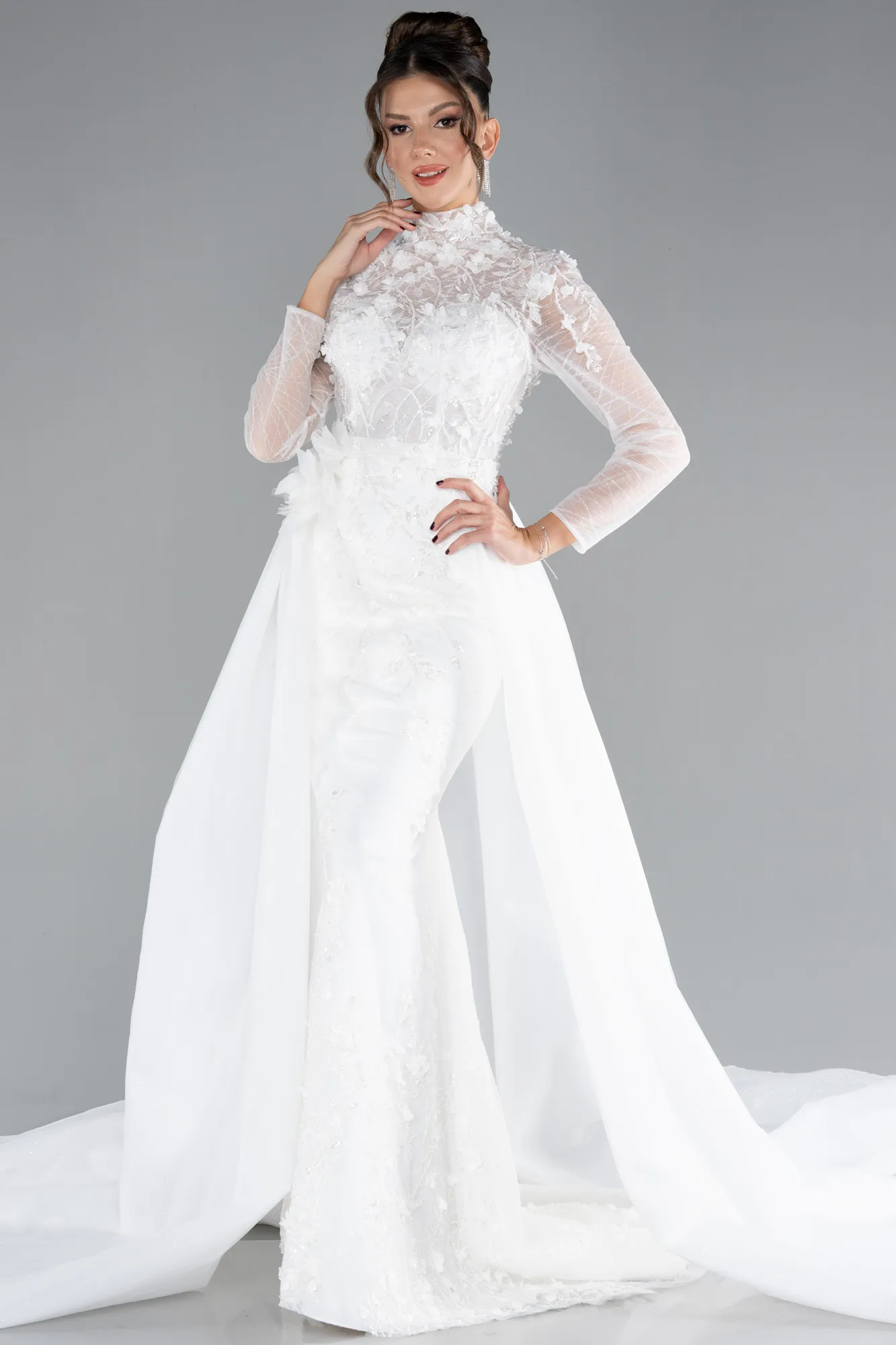 Ecru-Long Sleeve Guipure Silvery Tail Wedding Dress ABU4342