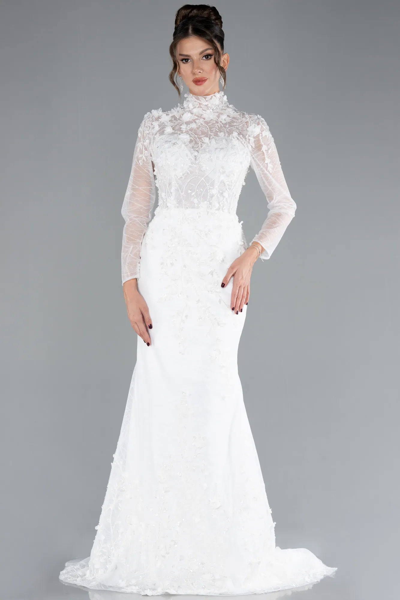 Ecru-Long Sleeve Guipure Silvery Tail Wedding Dress ABU4342