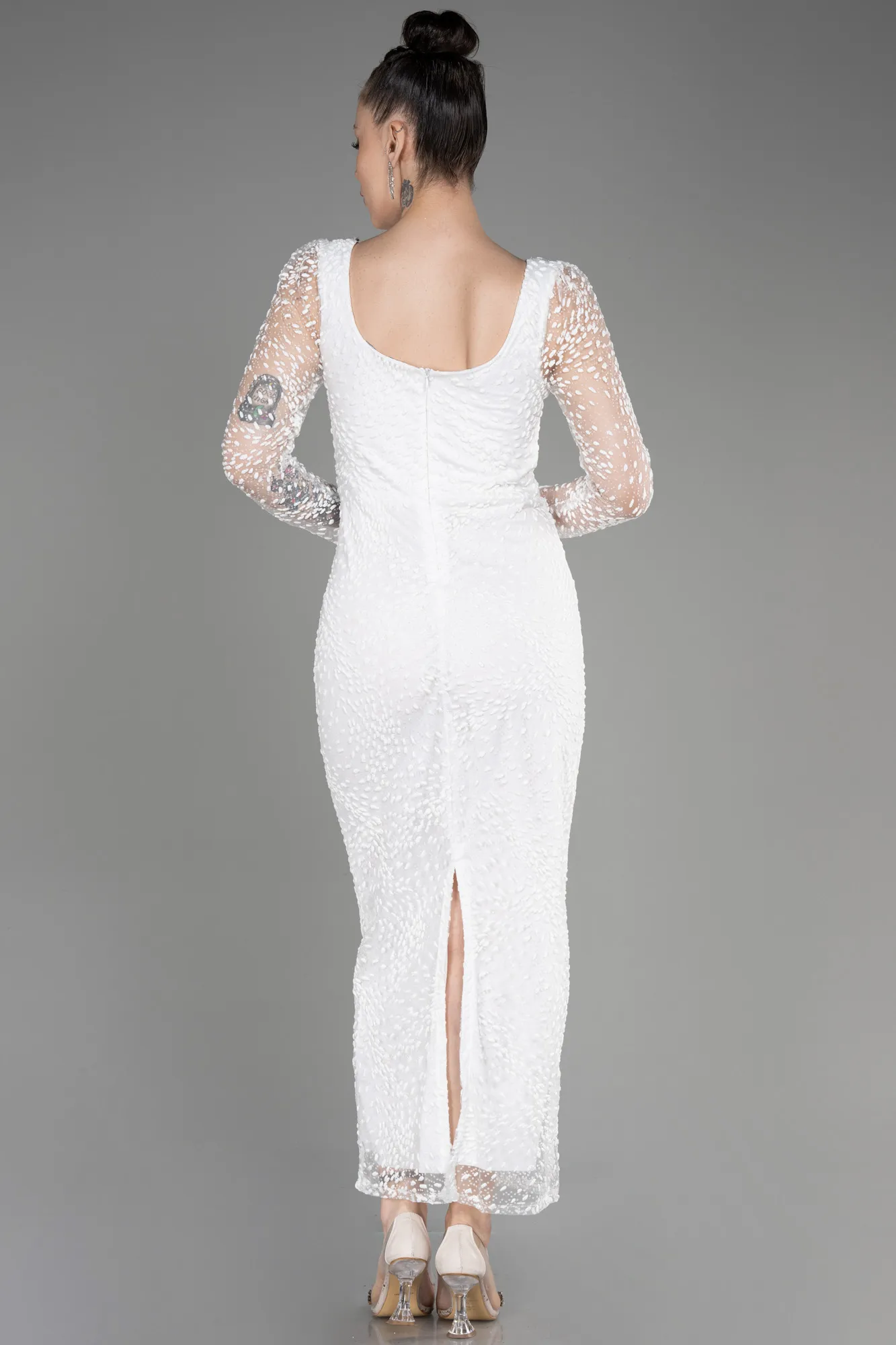 Ecru-Long Sleeve Midi Cocktail Dress ABK2025