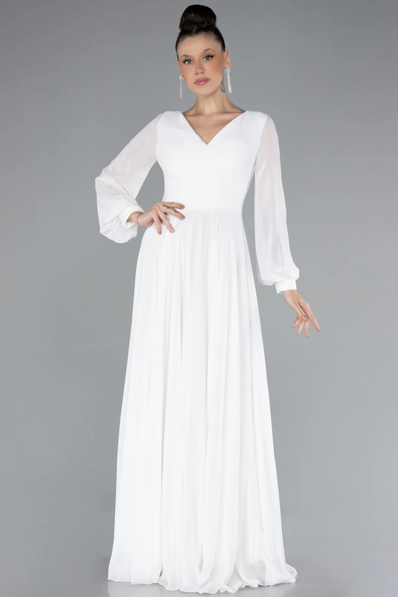 Ecru-Long Sleeve V Neck Chiffon Evening Dress ABU4533