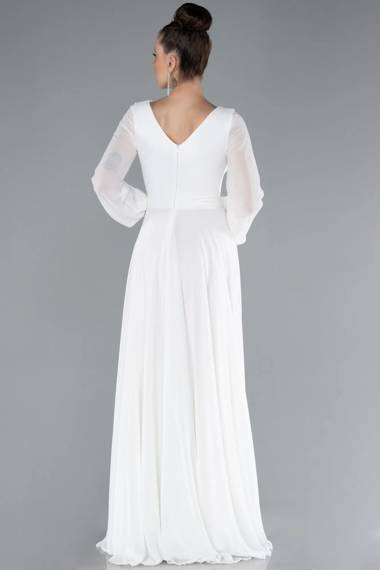 Ecru-Long Sleeve V Neck Chiffon Evening Dress ABU4533