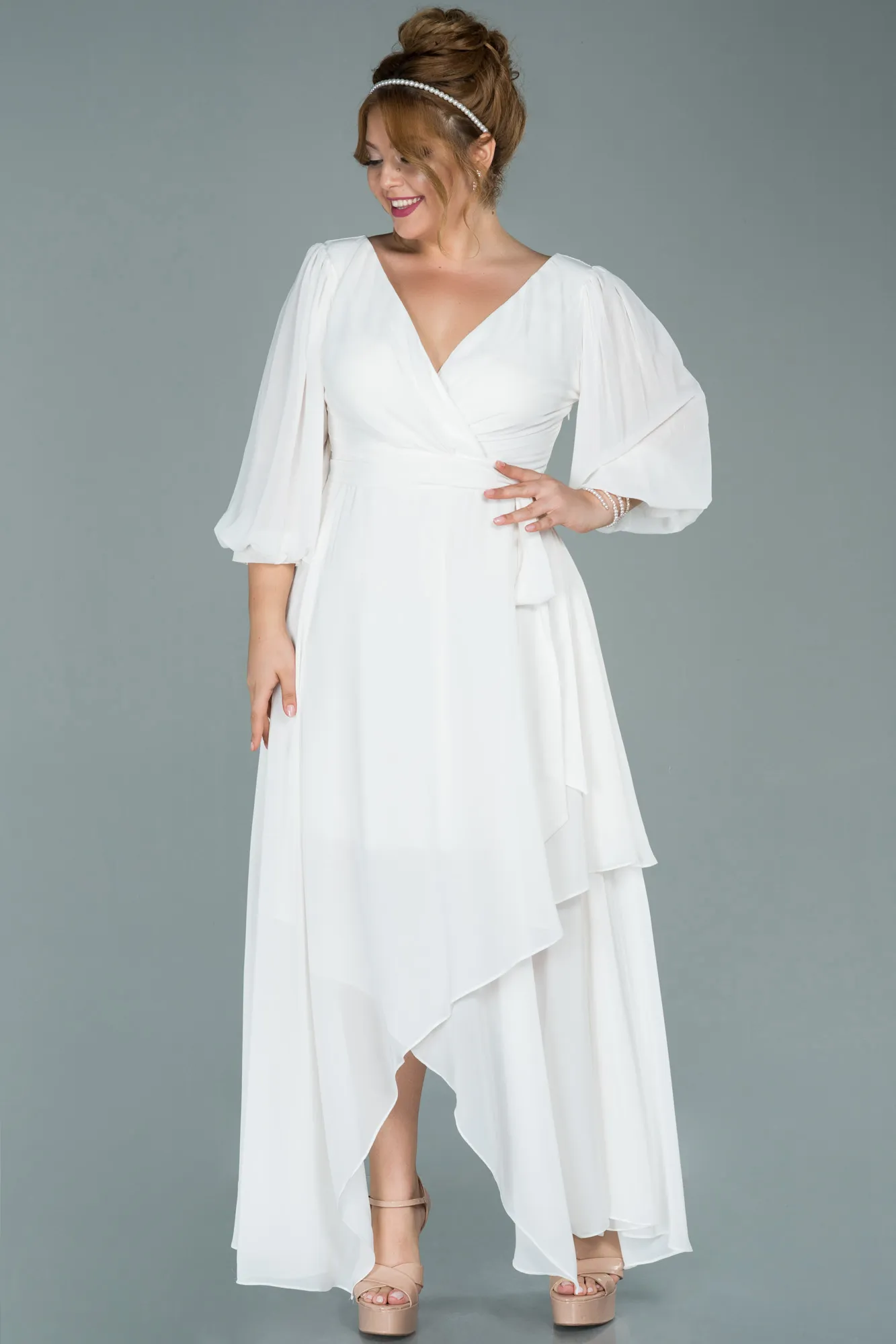 Ecru-Midi Chiffon Oversized Evening Dress ABK1083