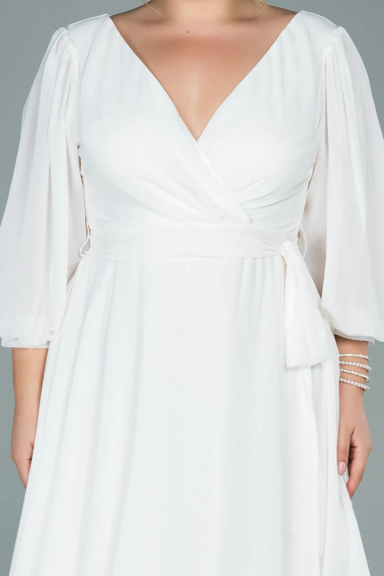 Ecru-Midi Chiffon Oversized Evening Dress ABK1083