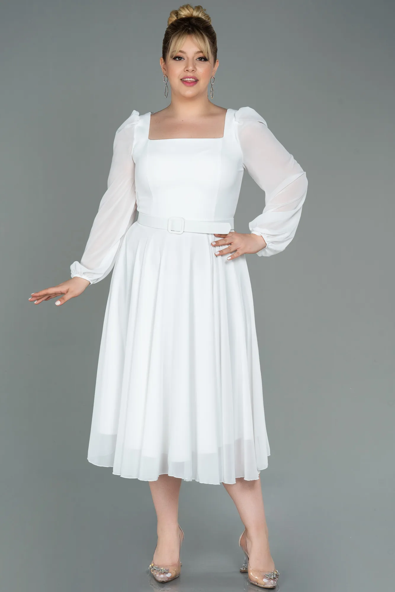 Ecru-Midi Chiffon Plus Size Evening Dress ABK1753