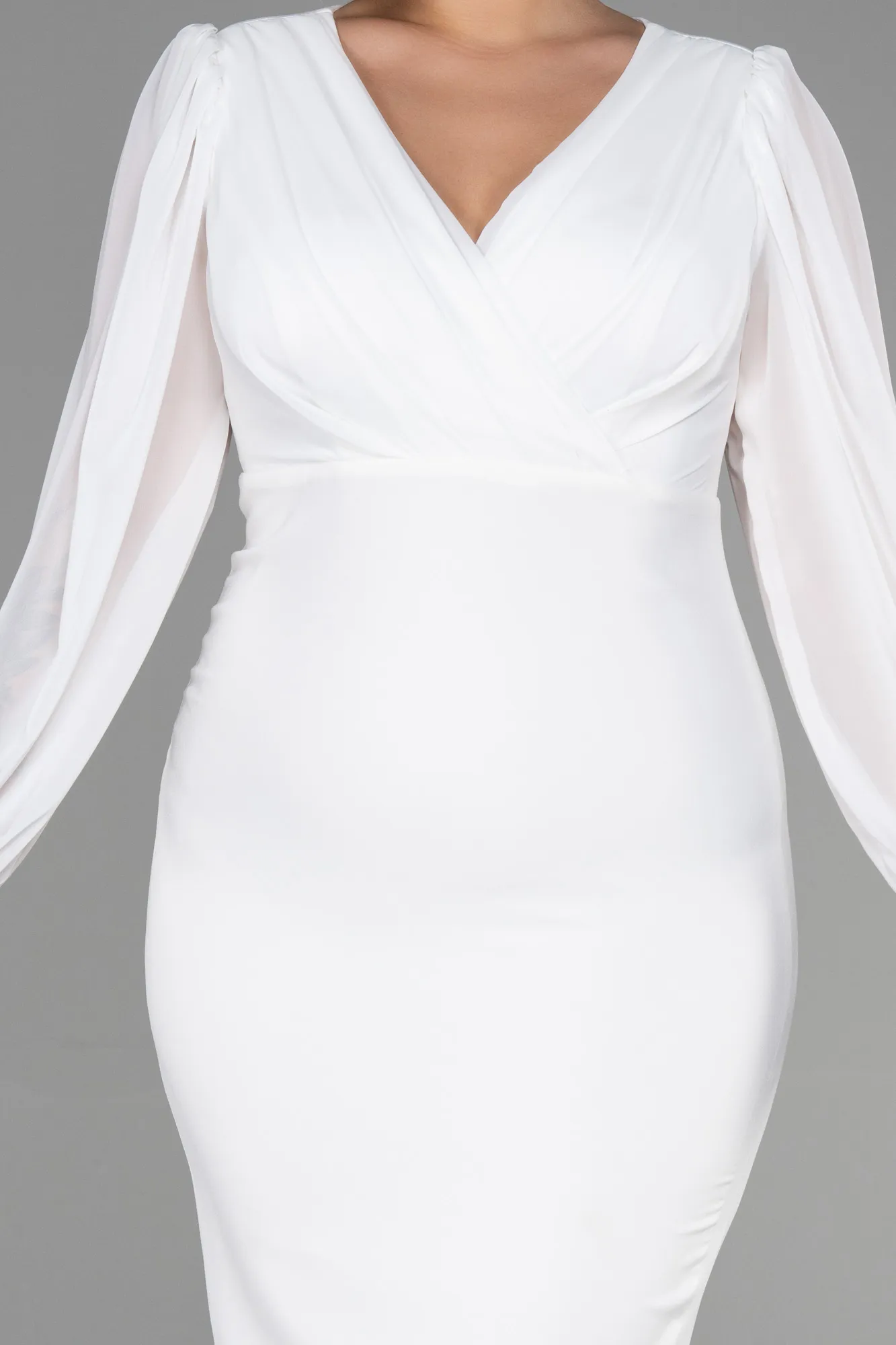 Ecru-Midi Chiffon Plus Size Evening Dress ABK1885