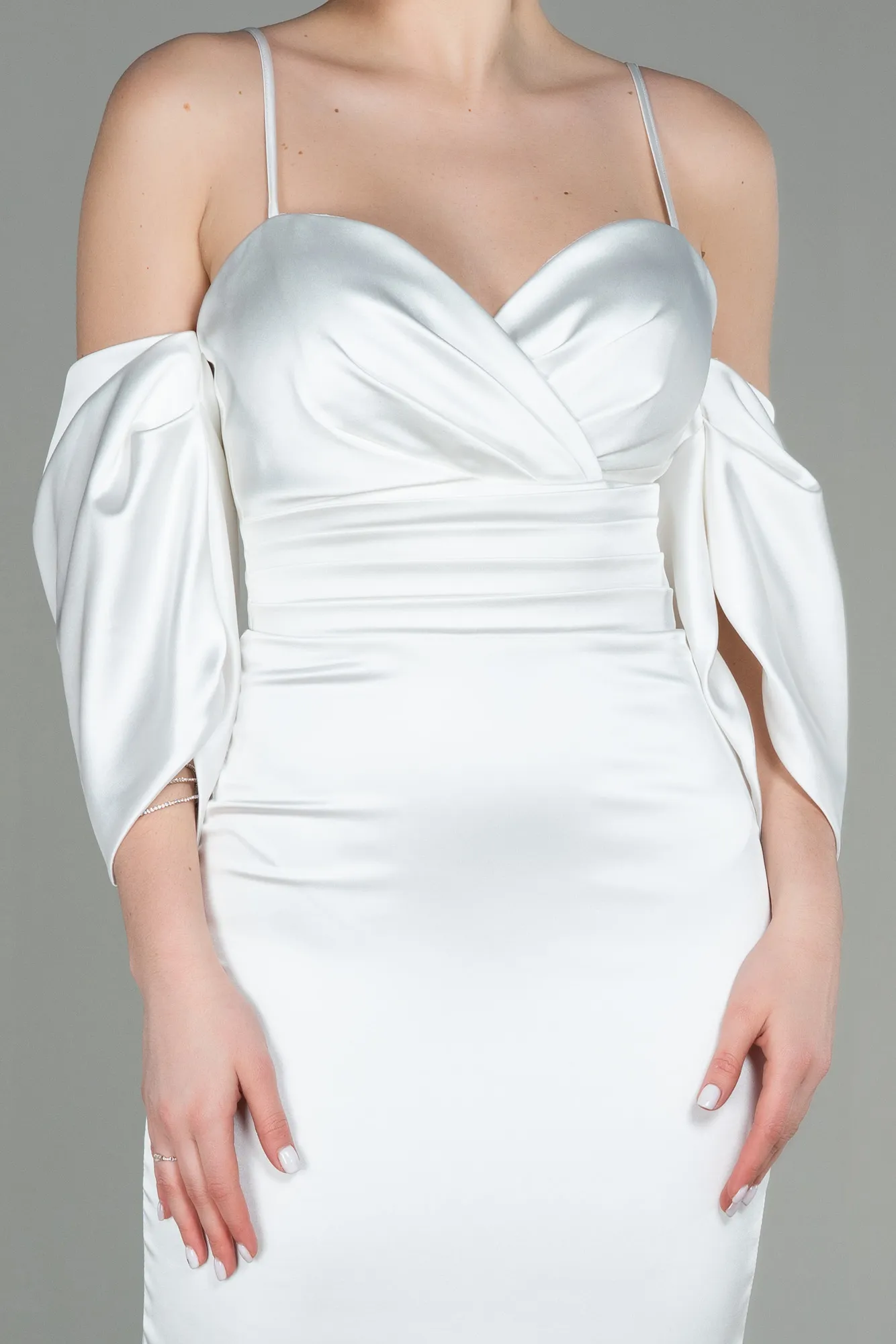 Ecru-Midi Satin Invitation Dress ABK1676