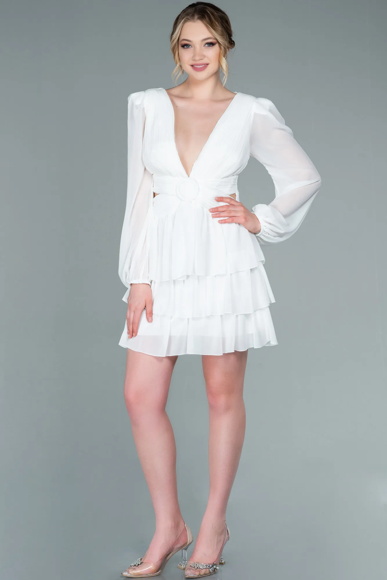 Ecru-Mini Chiffon Invitation Dress ABK1899