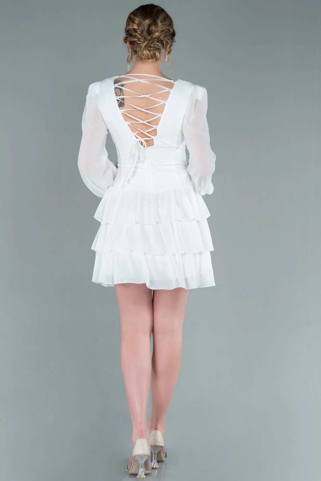 Ecru-Mini Chiffon Invitation Dress ABK1899