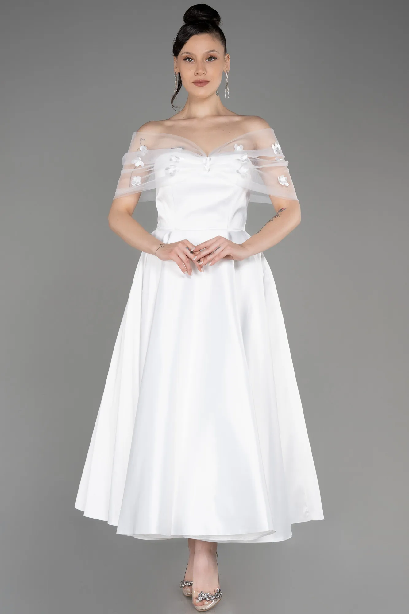 Ecru-Off-Shoulder Midi Saten Prom Dress ABK2033