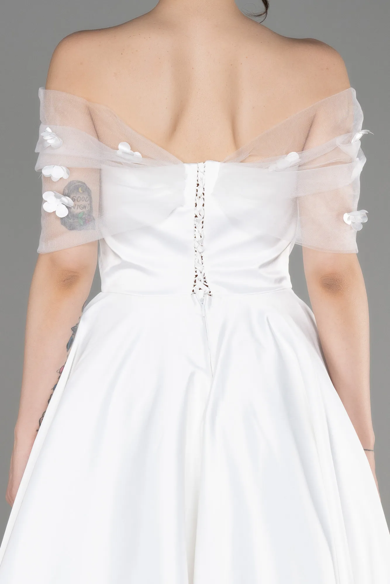 Ecru-Off-Shoulder Midi Saten Prom Dress ABK2033