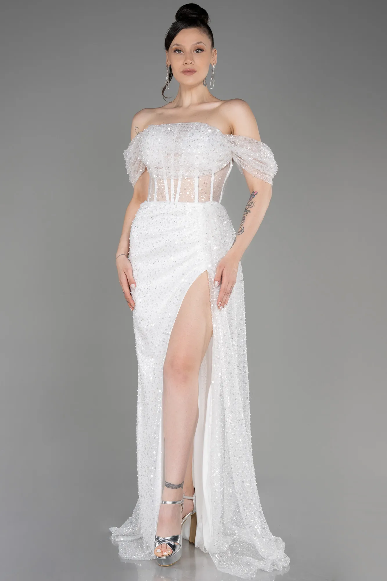 Ecru-Off-Shoulder Slit Long Scaly Evening Dress ABU3847