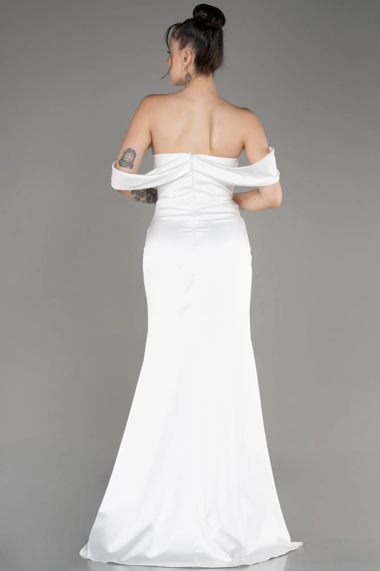 Ecru-Off Shoulder Slit Satin Prom Dress ABU3964