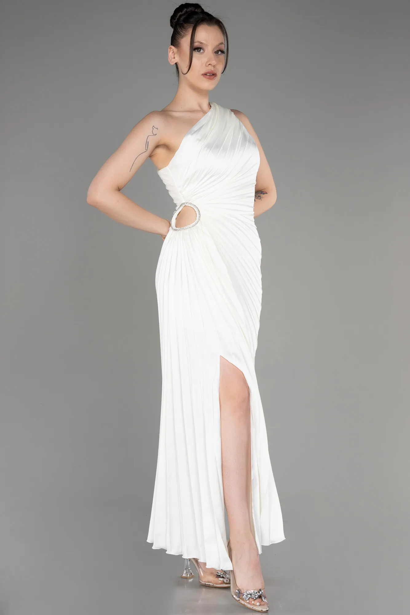 Ecru-One Shoulder Midi Satin Cocktail Dress ABK2046