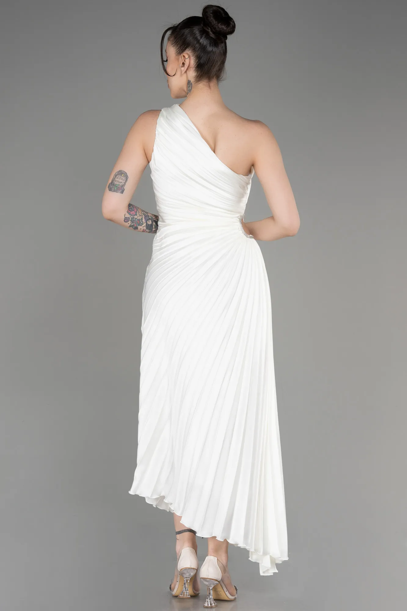 Ecru-One Shoulder Midi Satin Cocktail Dress ABK2046