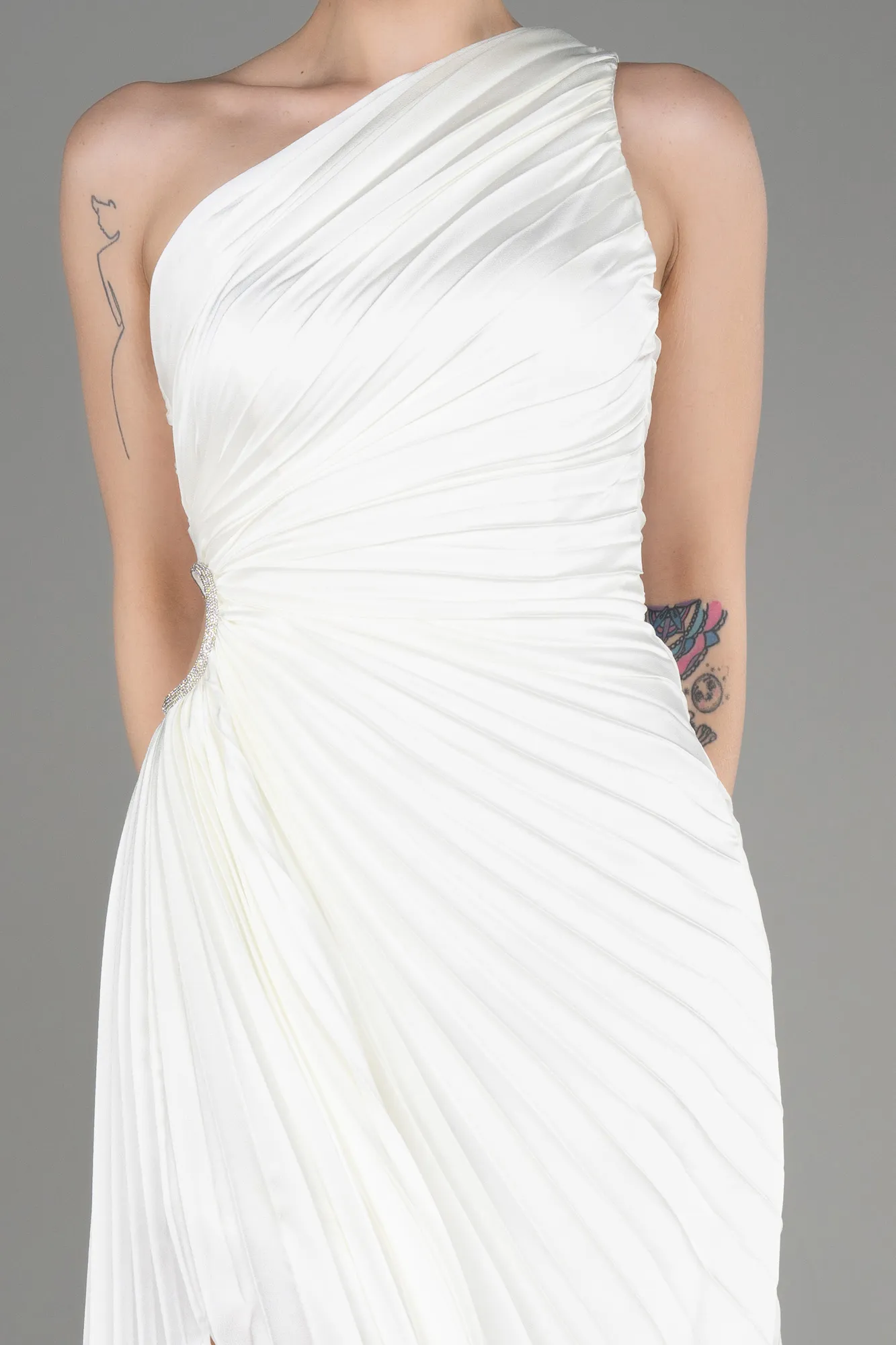 Ecru-One Shoulder Midi Satin Cocktail Dress ABK2046