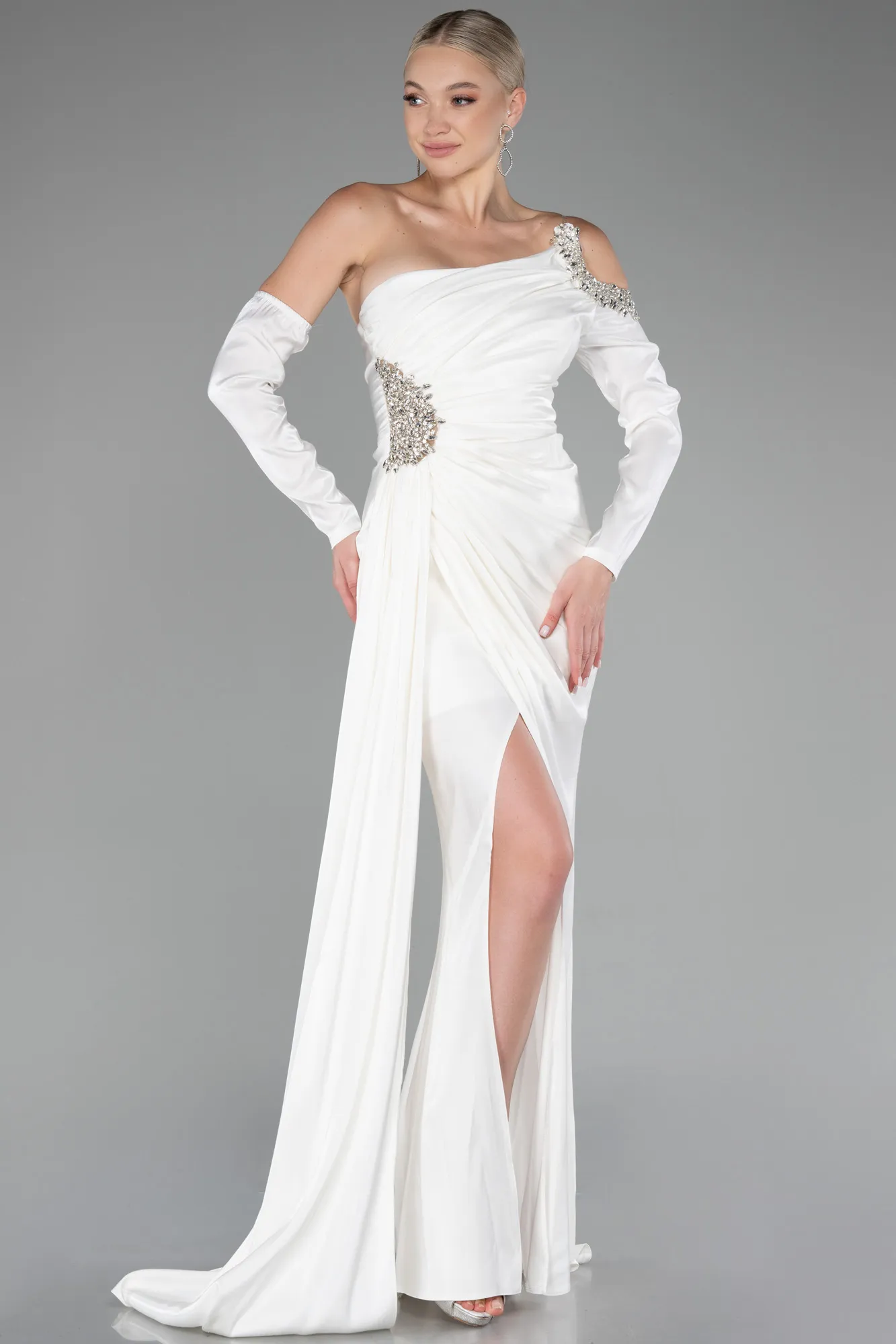 Ecru-One Sleeve Long Formal Evening Dress ABU3976