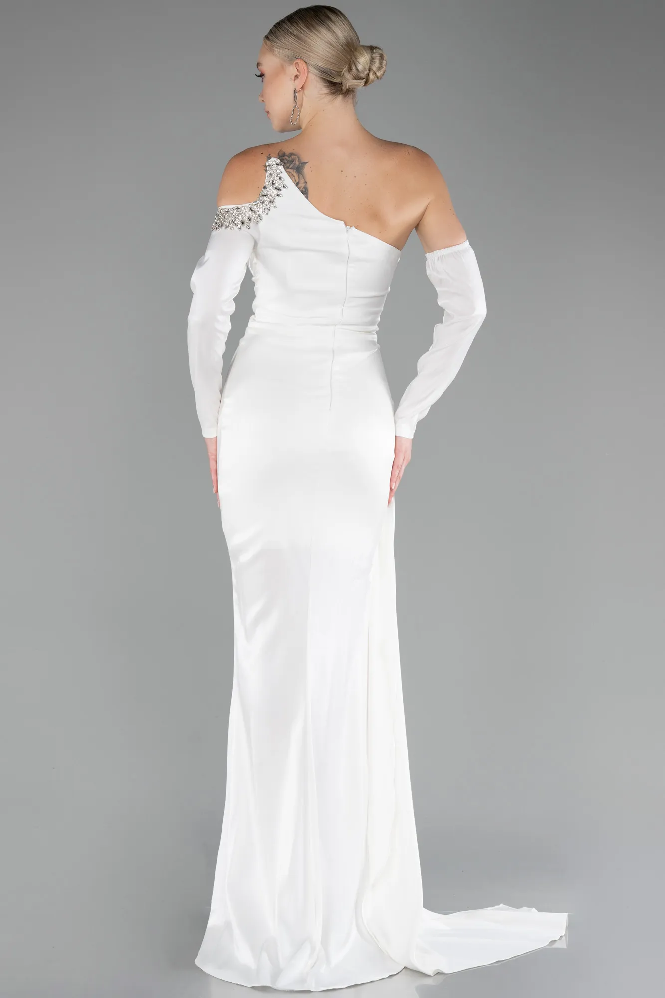 Ecru-One Sleeve Long Formal Evening Dress ABU3976