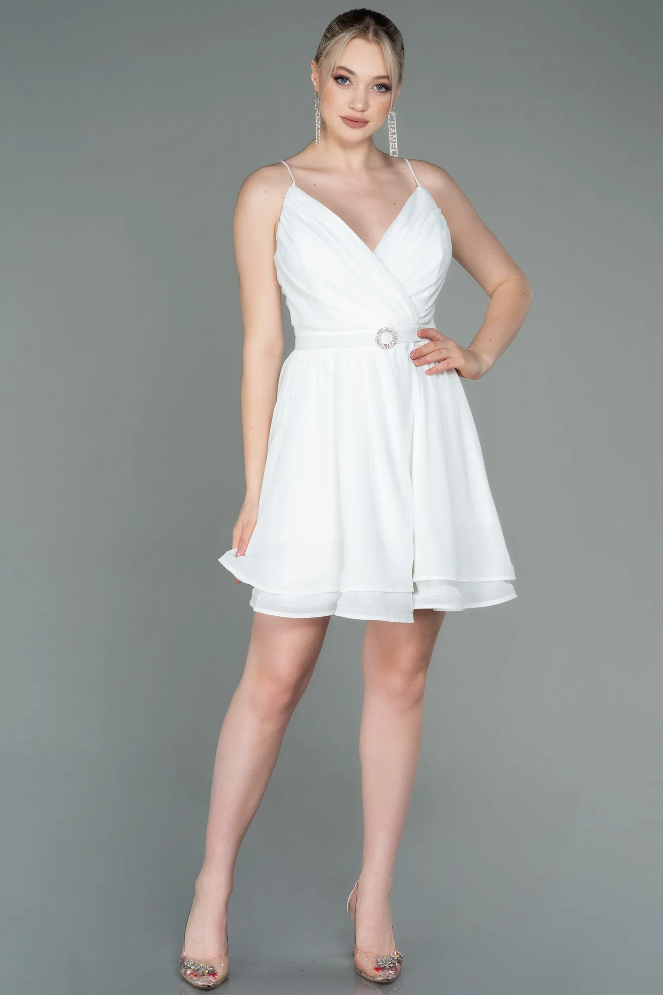 Ecru-Short Chiffon Evening Dress ABK1787