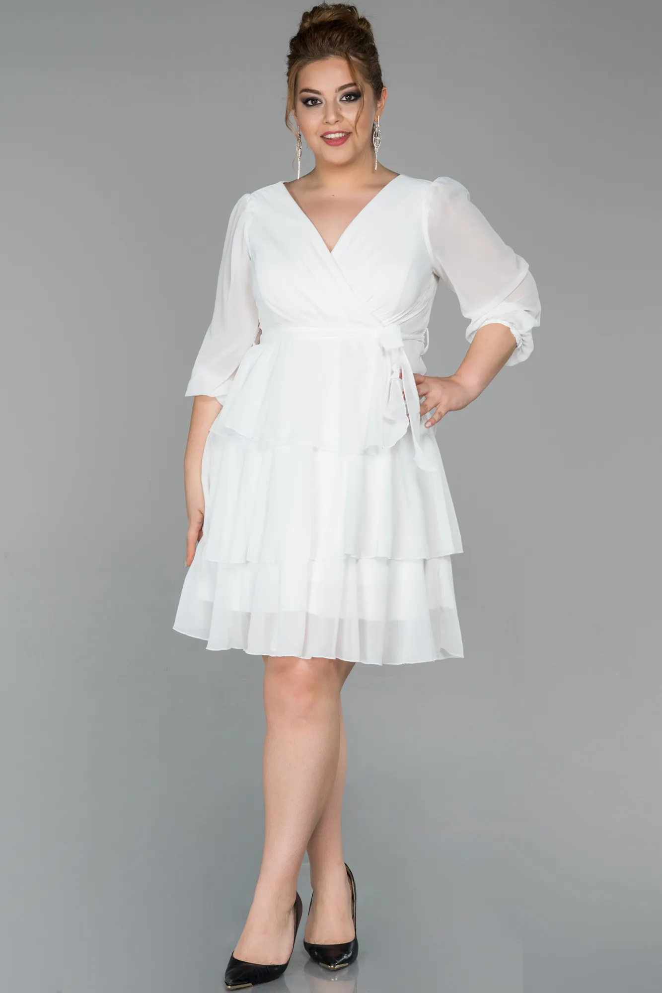 Ecru-Short Chiffon Oversized Evening Dress ABK1002