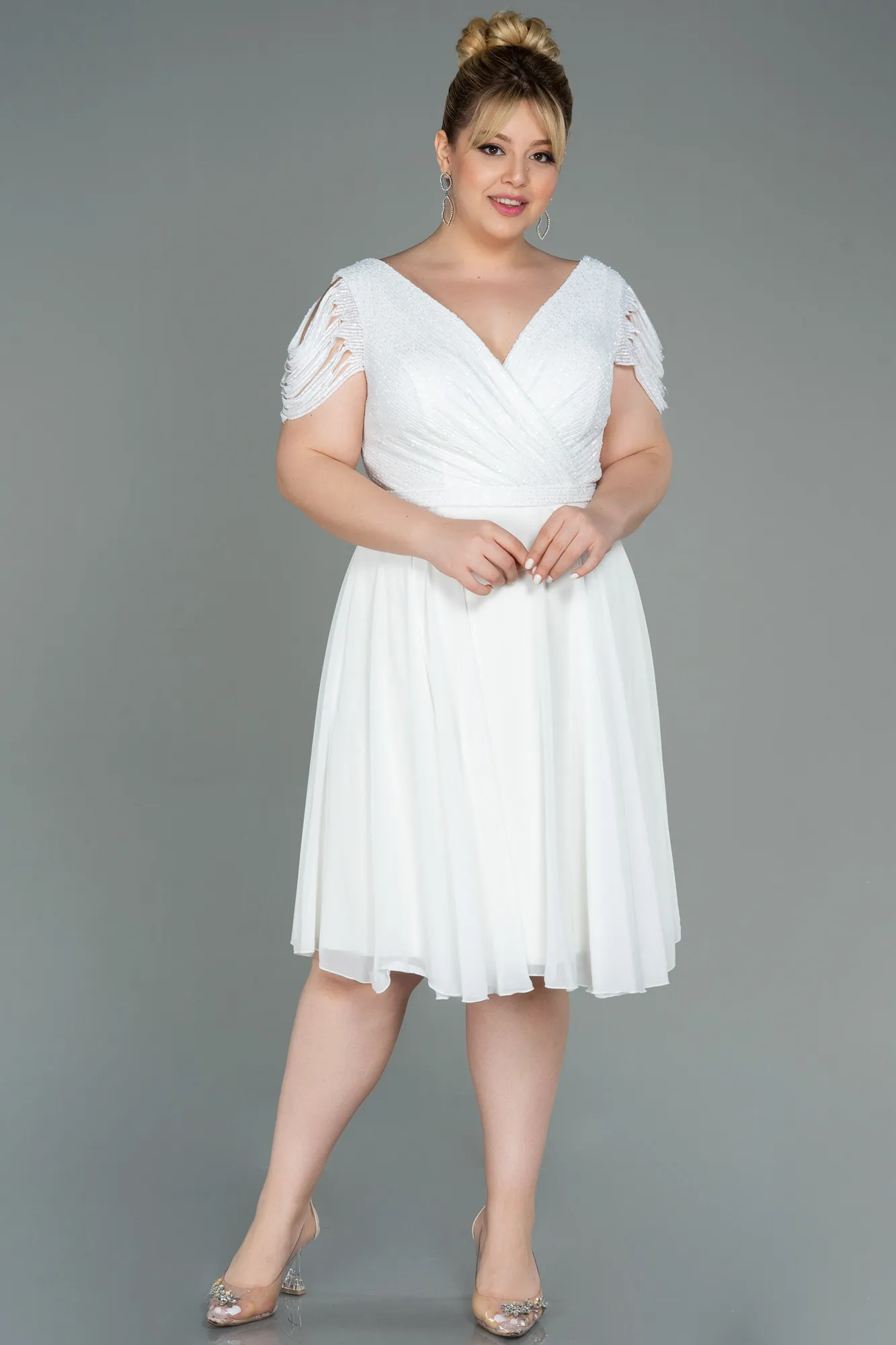 Ecru-Short Chiffon Plus Size Evening Dress ABK1376