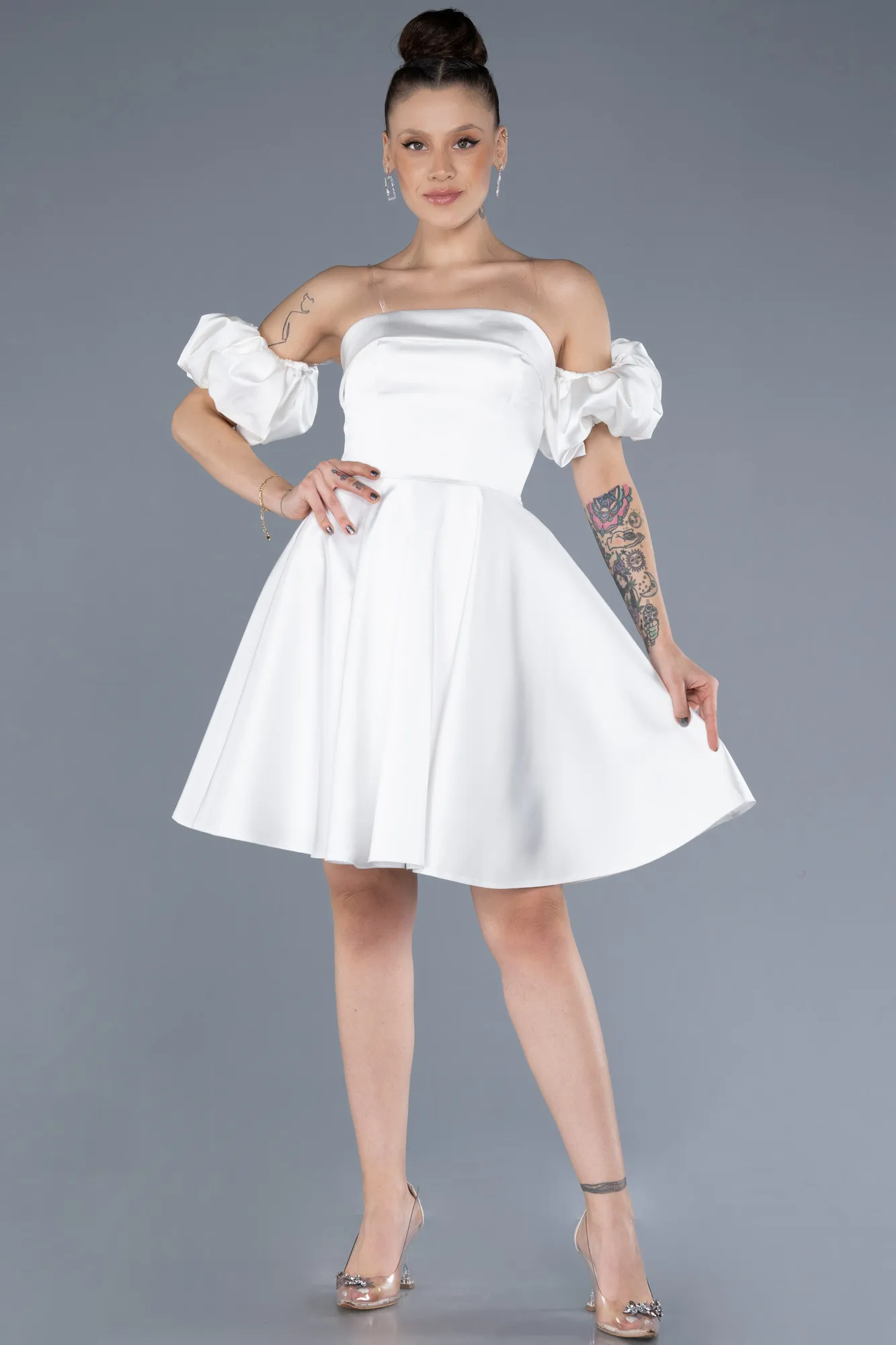 Ecru-Short Satin Cocktail Dress ABK2215