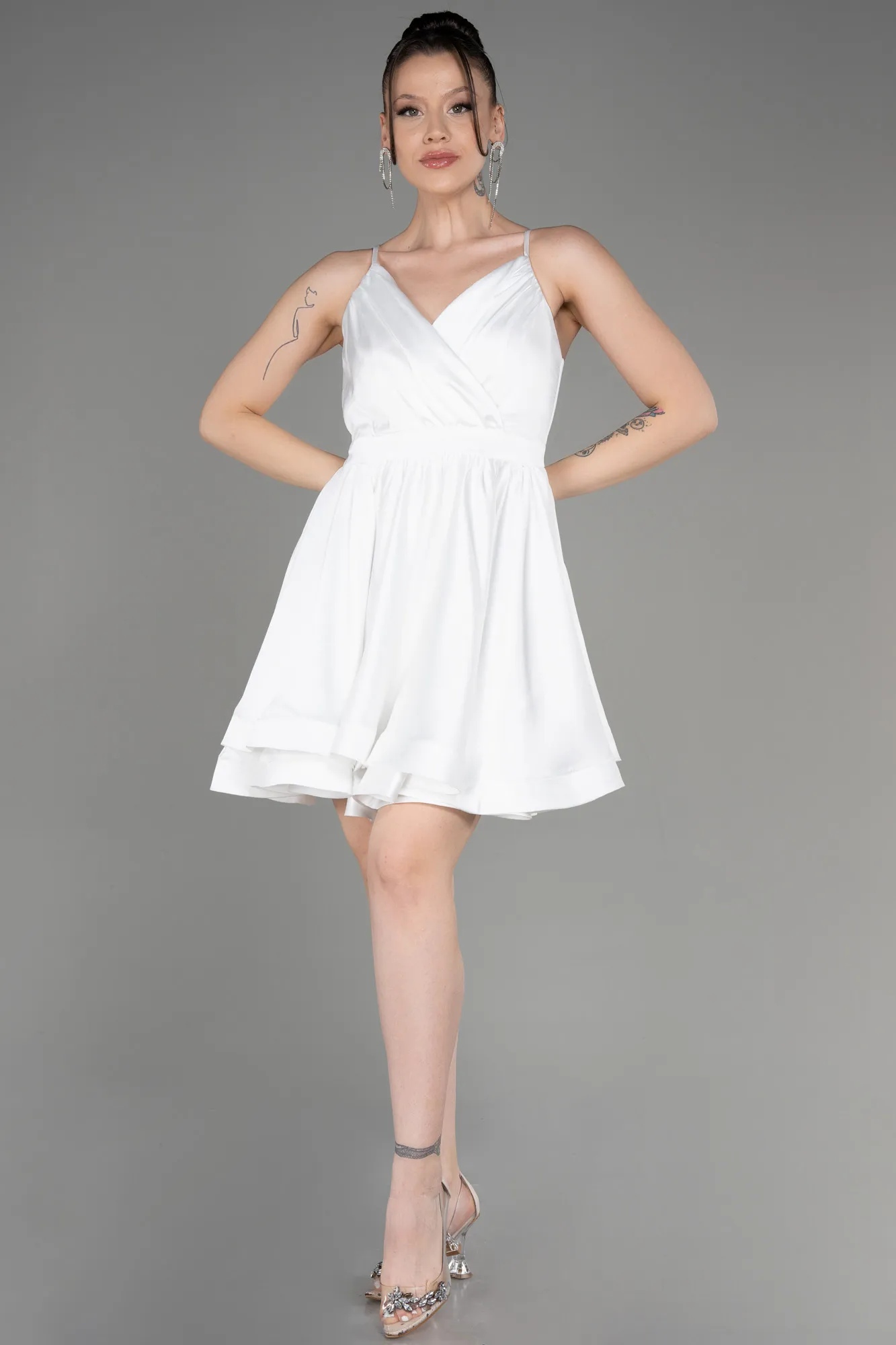 Ecru-Short Satin Party Dress ABK2044