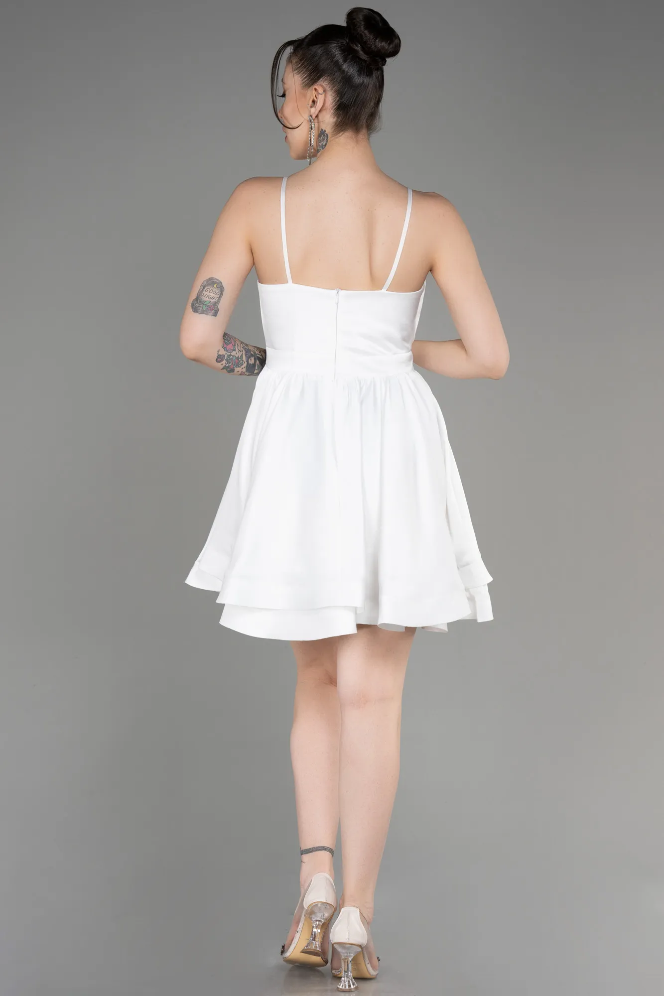 Ecru-Short Satin Party Dress ABK2044