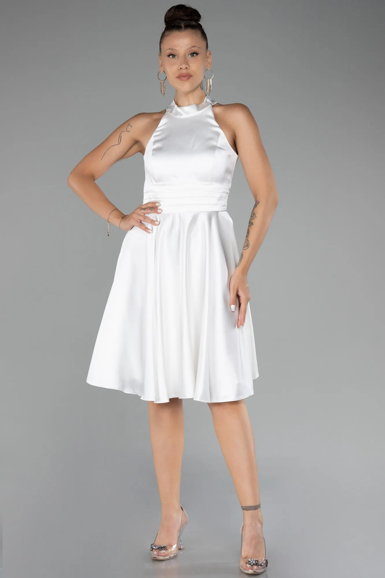 Ecru-Short Satin Party Dress ABK2112