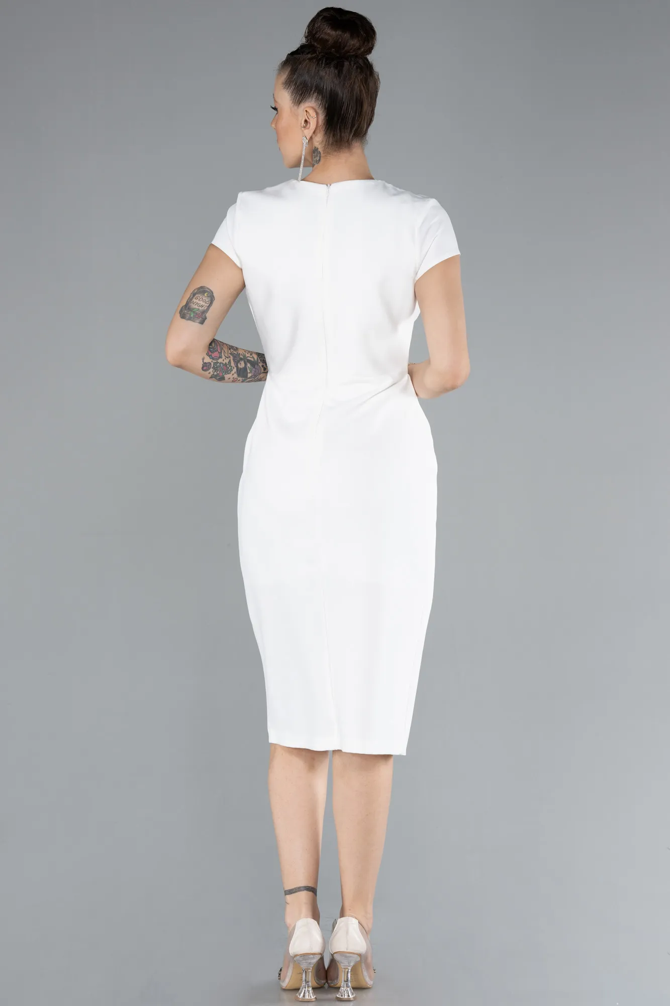 Ecru-Short Sleeve Double Breasted Collar Midi Cocktail Dress ABK2205