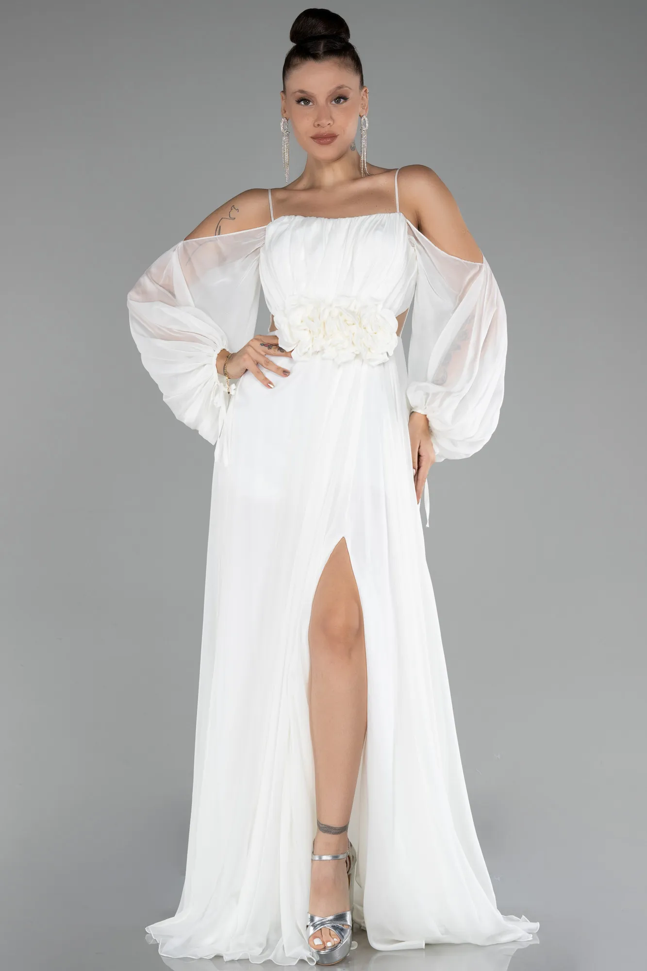 Ecru-Shoulder Decollete Long Sleeve Chiffon Prom Dress ABU4165