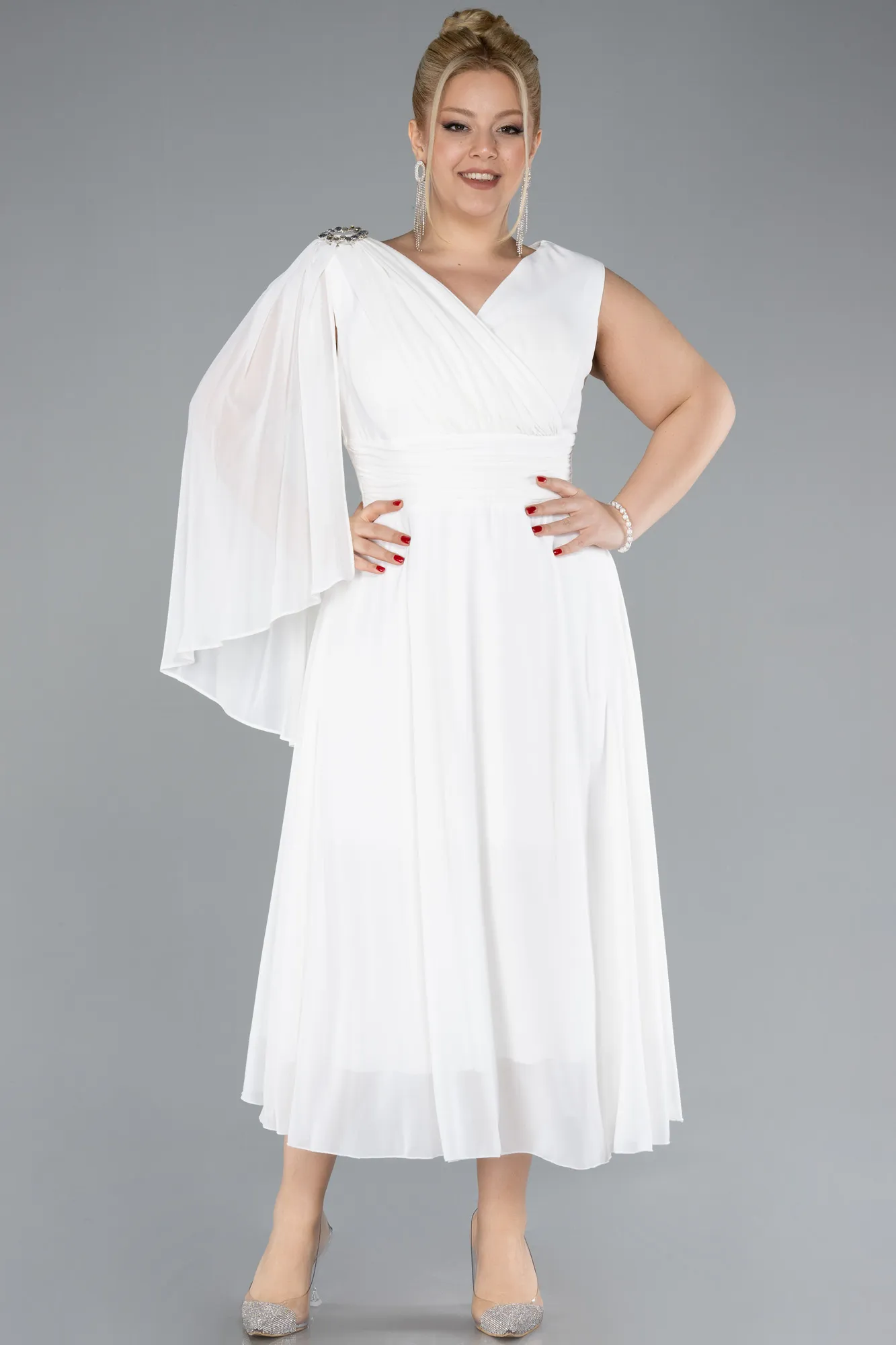 Ecru-Sleeveless Midi Chiffon Plus Size Party Dress ABK2195