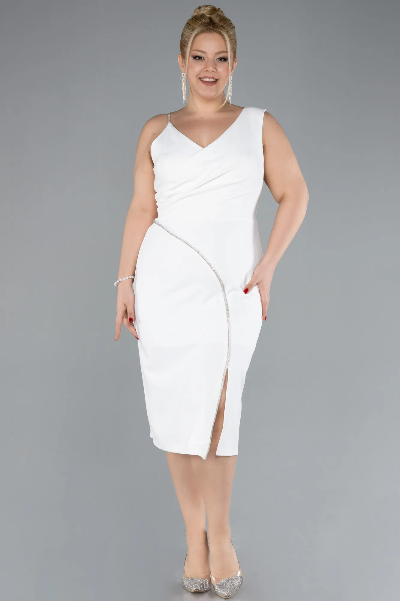 Ecru-Sleeveless Midi Plus Size Invitation Dress ABK2059