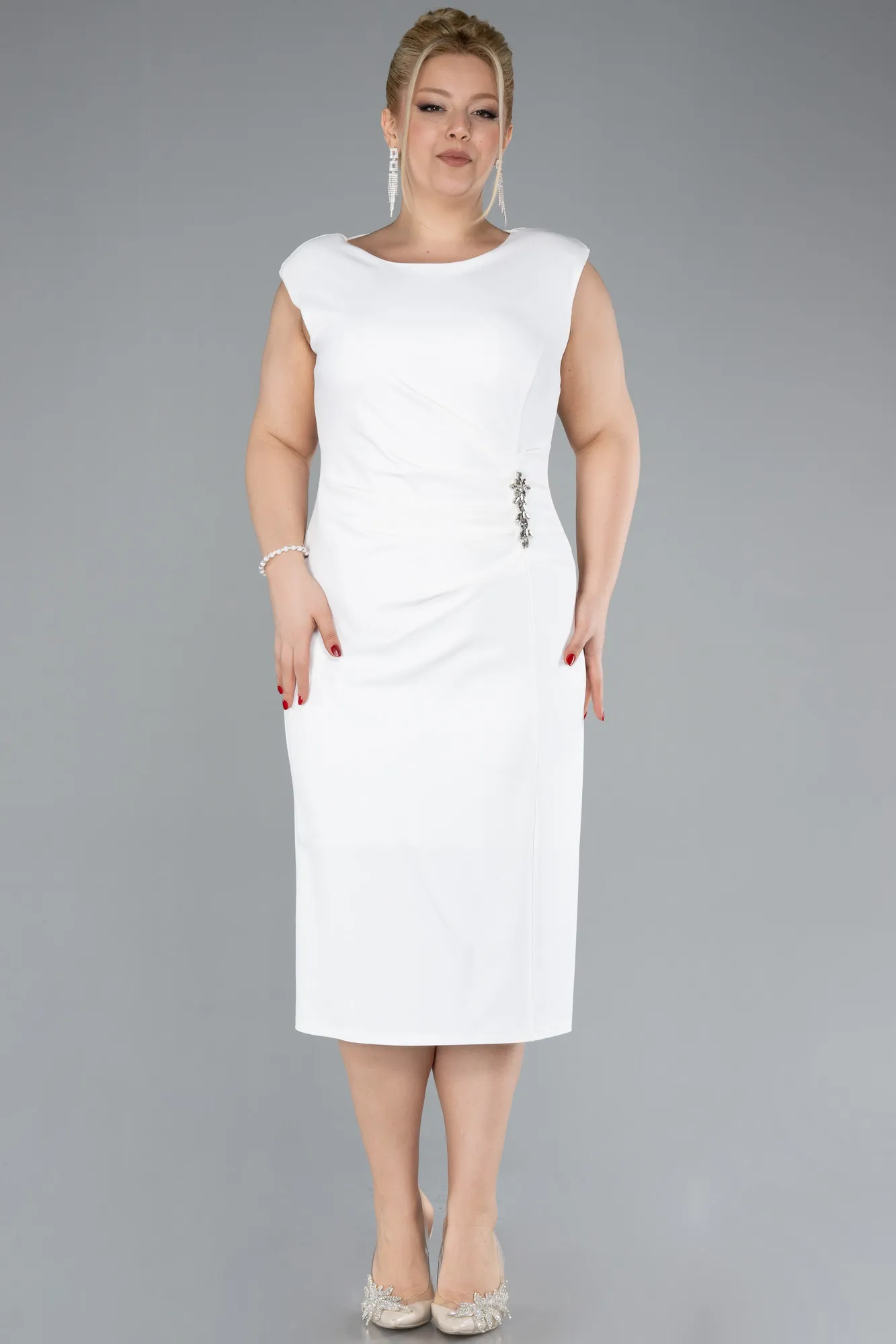 Ecru-Sleeveless Midi Plus Size Party Dress ABK2190