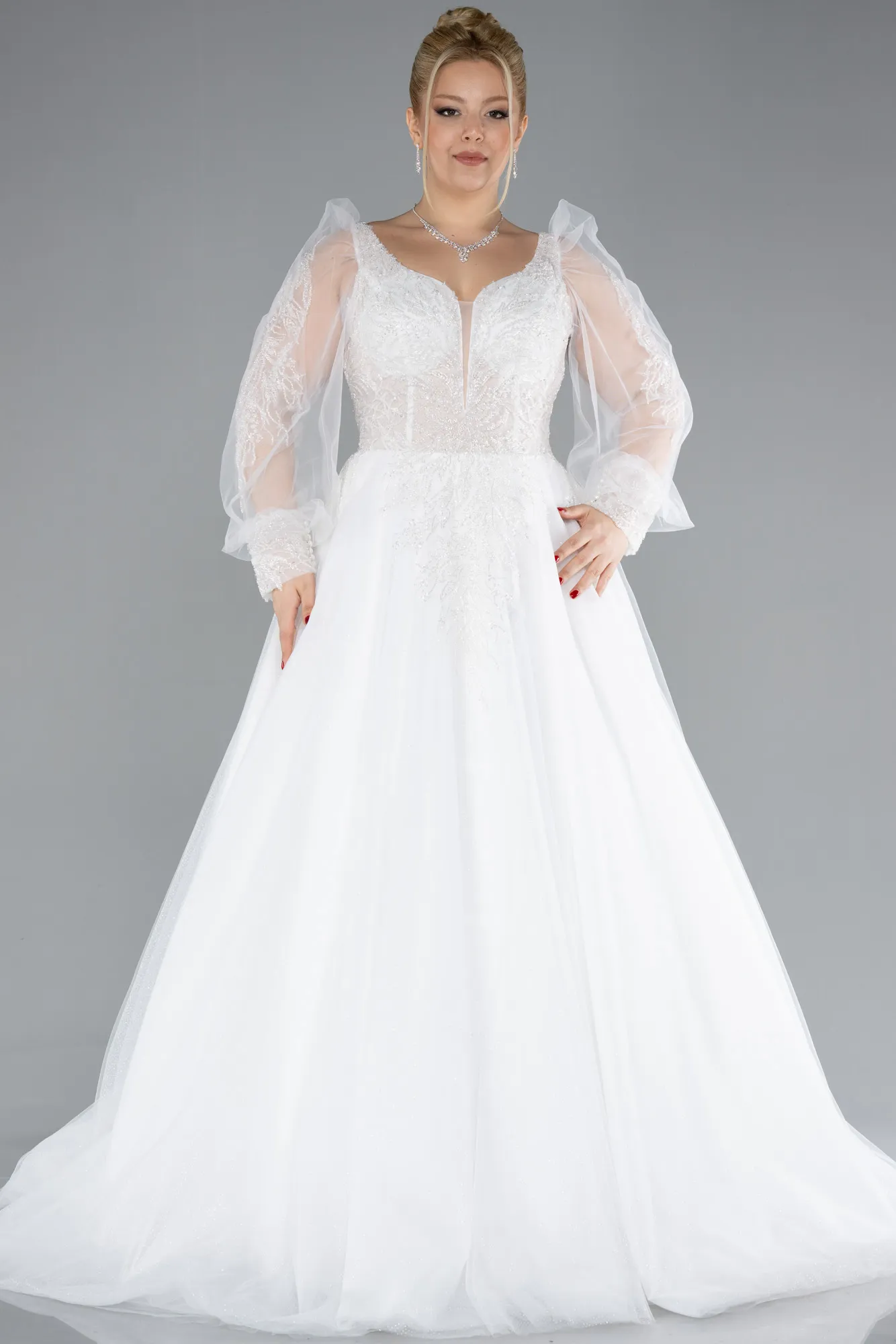 Ecru-Stone Embroidered Long Sleeve Plus Size Wedding Dress ABG021