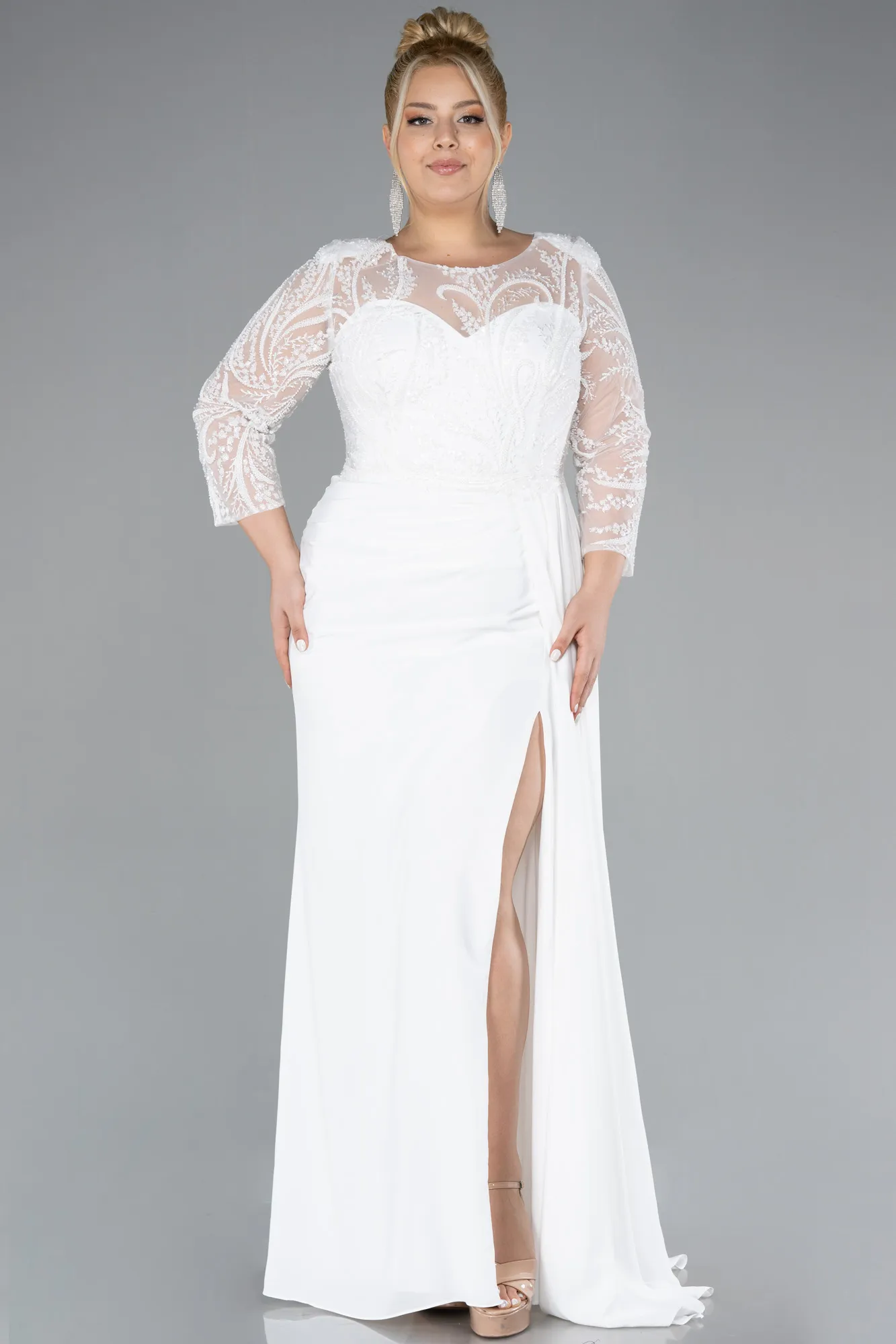 Ecru-Stoned Capri Sleeve Slit Chiffon Plus Size Evening Gown ABU4294